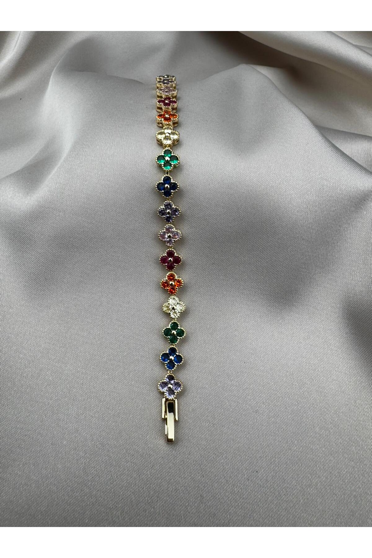 Renkli Taşlı Yonca Model Kararmaz 17CM Gold Renk VİP Bileklik
