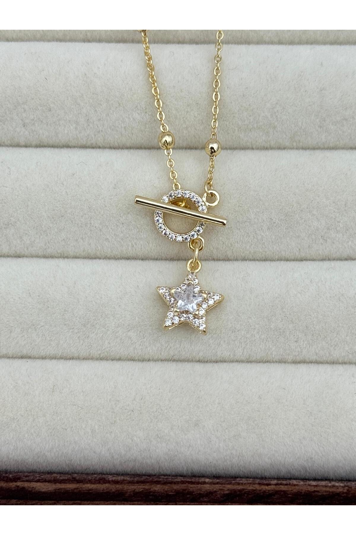 VIP Önden Tokalı Zirkon Taş Detaylı Yıldız 45 cm Kolye