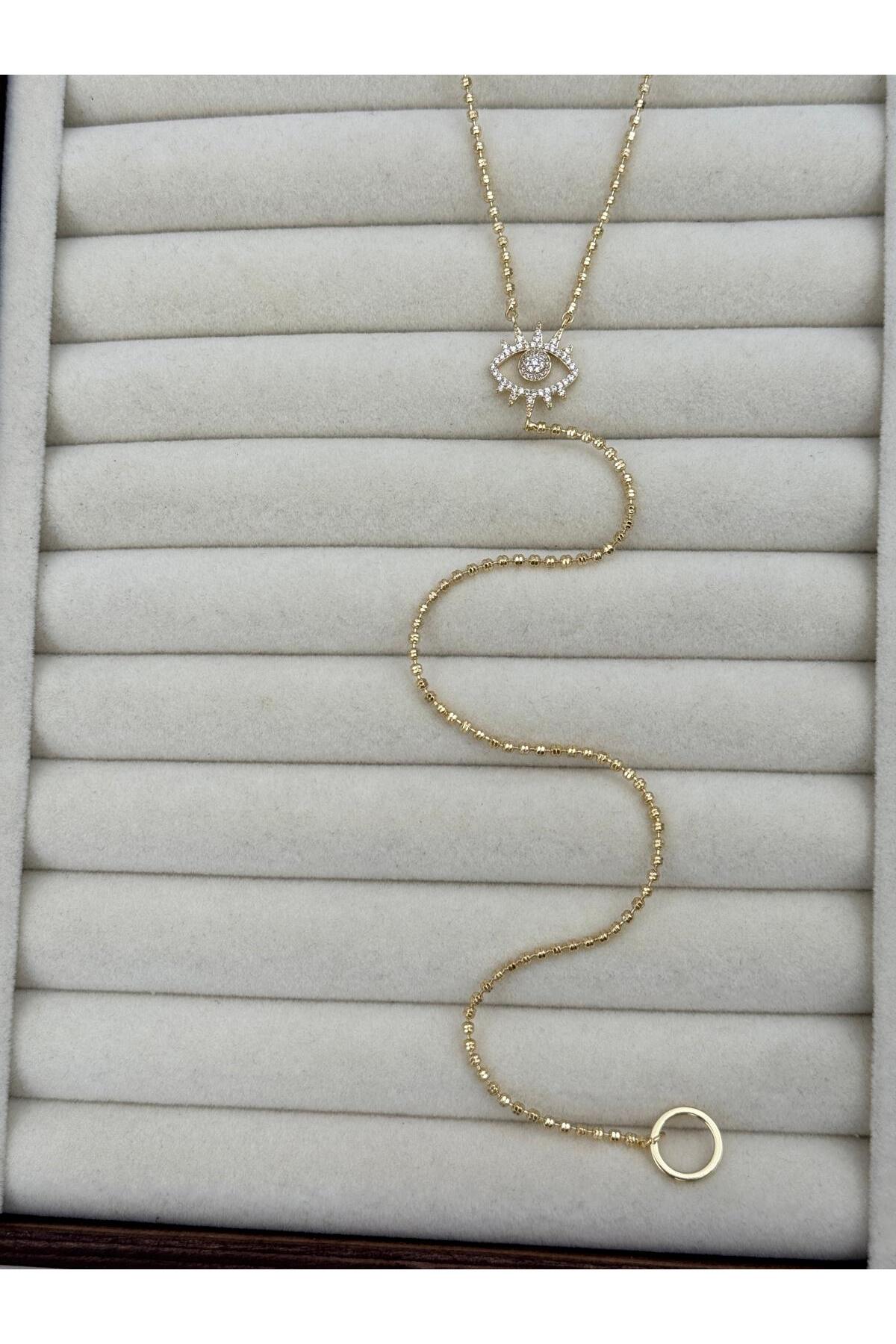 VIP Nazar Göz Figürlü Gold Renk Uzun Y Kolye