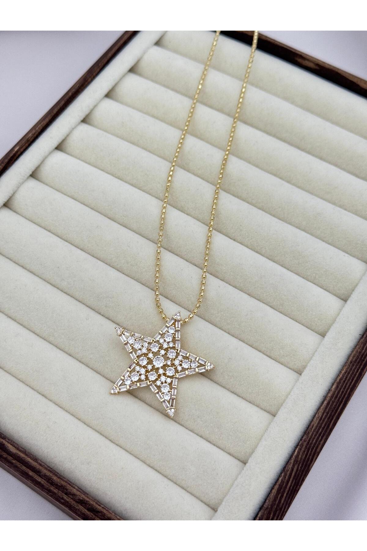 VIP Yoğun Taşlı Asansörlü 70 cm Gold Yıldız Kolye