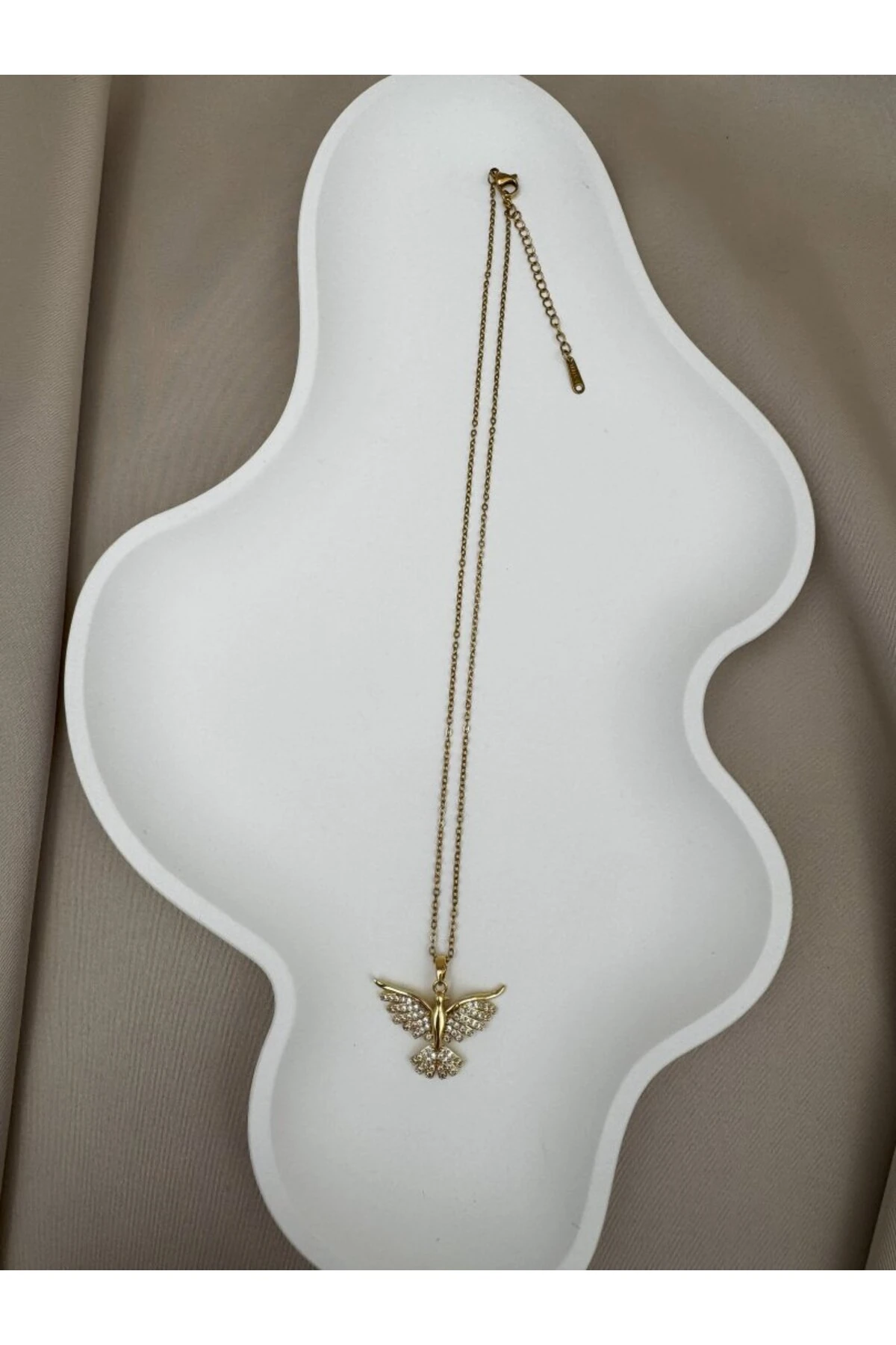 Anka Kuşu Figürlü Taşlı Gold Renk 40+5CM Ayarlanabilir Kolye