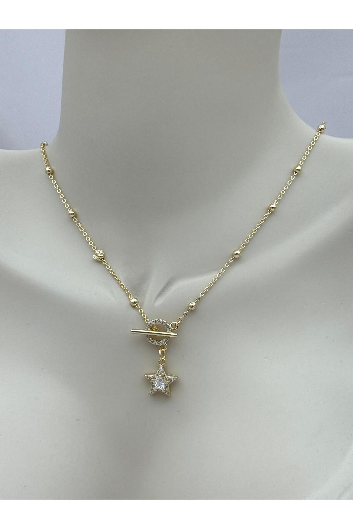 VIP Önden Tokalı Zirkon Taş Detaylı Yıldız 45 cm Kolye