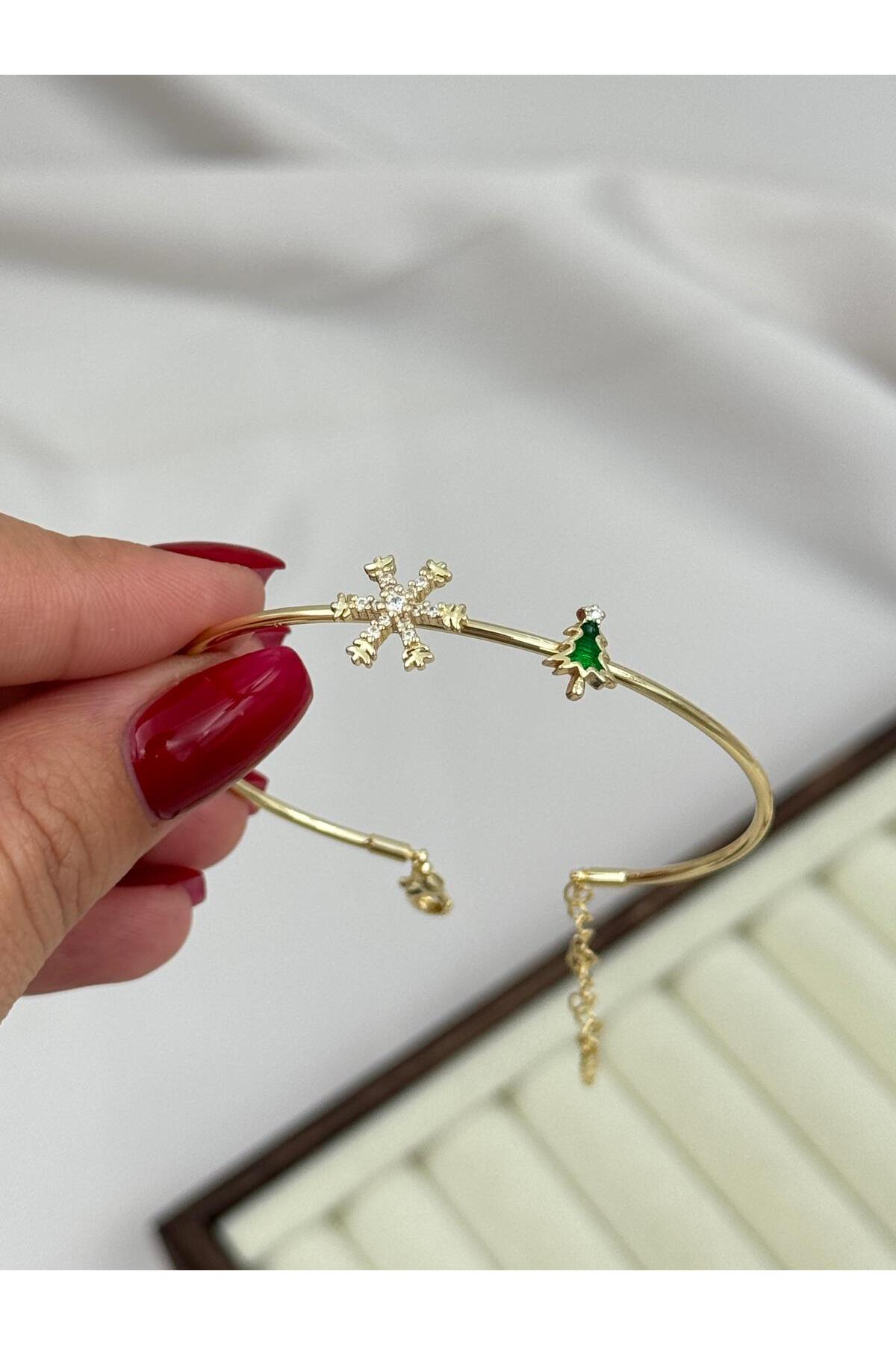 VIP Kar Tanesi ve Yılbaşı Ağacı Figürlü Ayarlanabilir Gold Bileklik