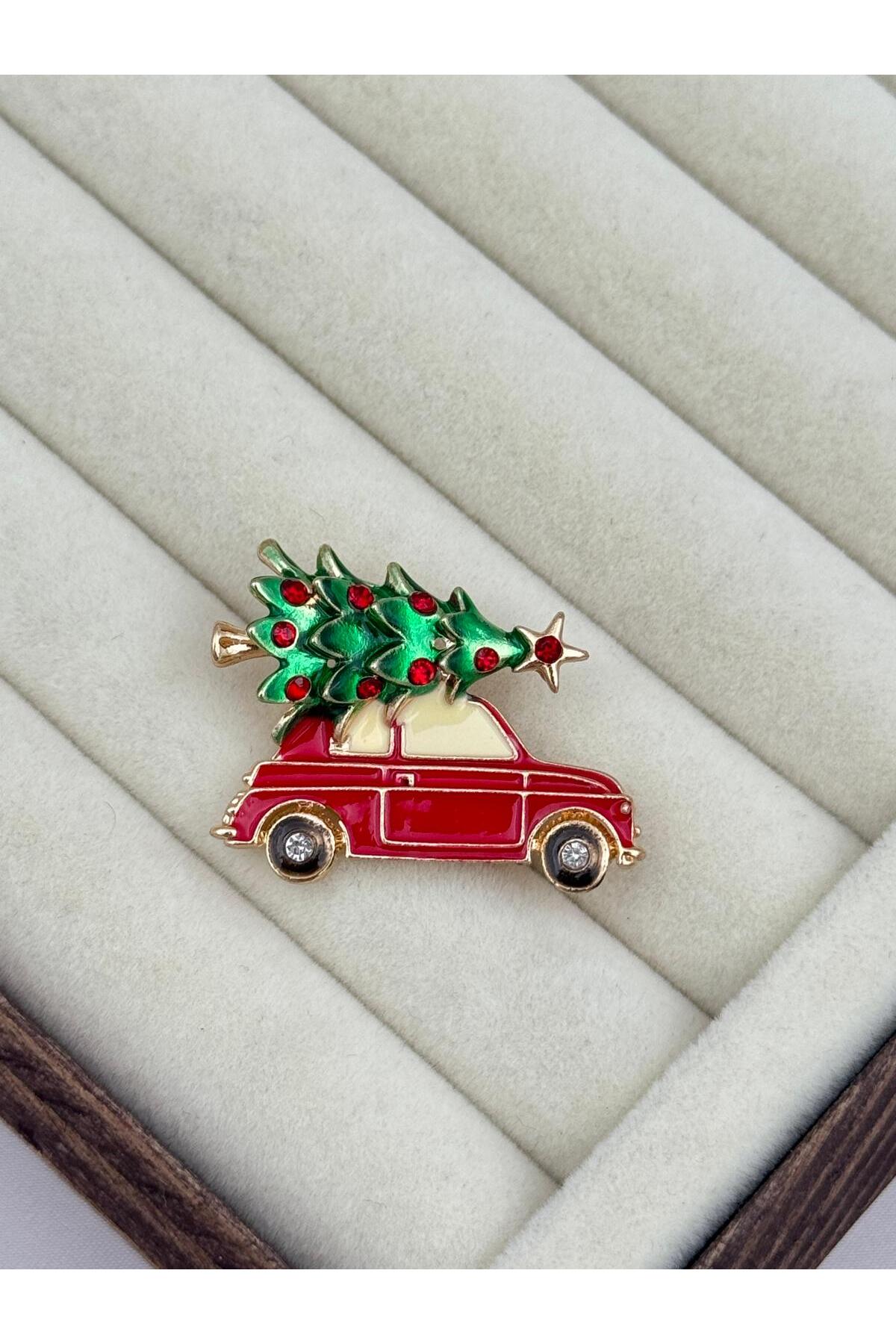 Kırmızı Araba & Yılbaşı Ağacı Temalı Mine İşlemeli Broş