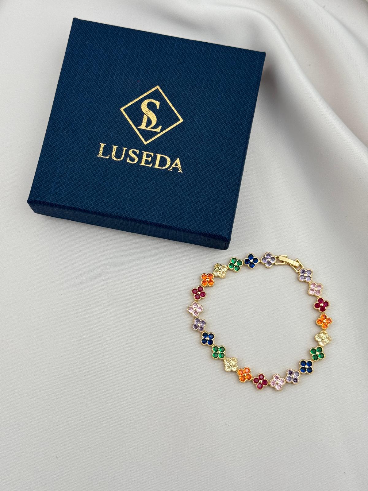 Renkli Taşlı Yonca Model Kararmaz 17CM Gold Renk VİP Bileklik