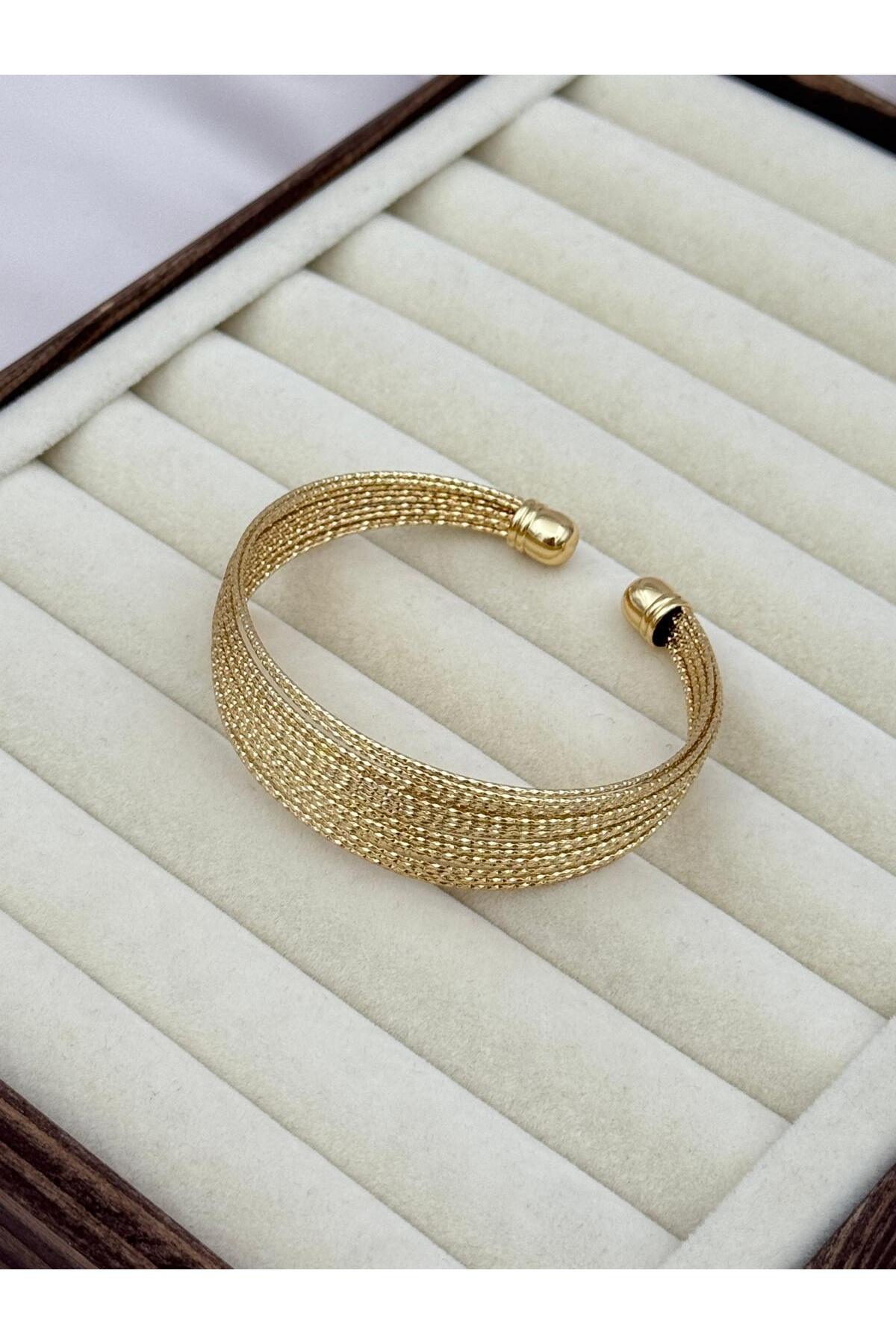 VIP Çok Sıralı Çizgi Dokulu Ayarlanabilir Gold Geniş Kelepçe Bileklik