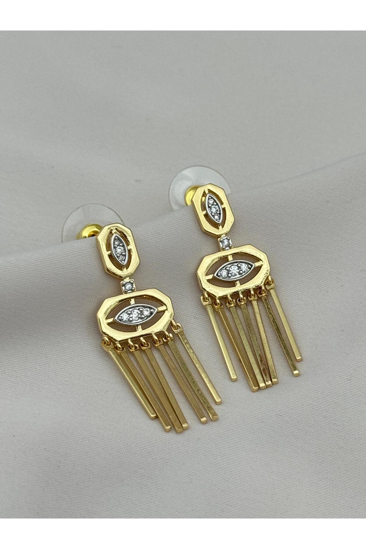Gold Renk Geometrik Göz Formlu Zirkon Taşlı Sallantılı Premium Küpe