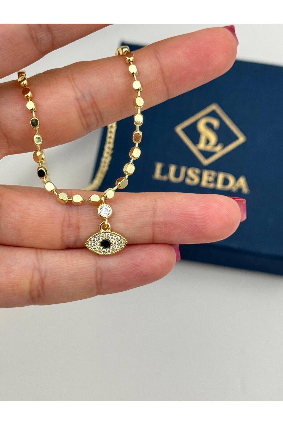 VIP Nazar Göz Figürlü Taşlı Gold Zincir 45+5 cm Ayarlanabilir Kadın Kolye