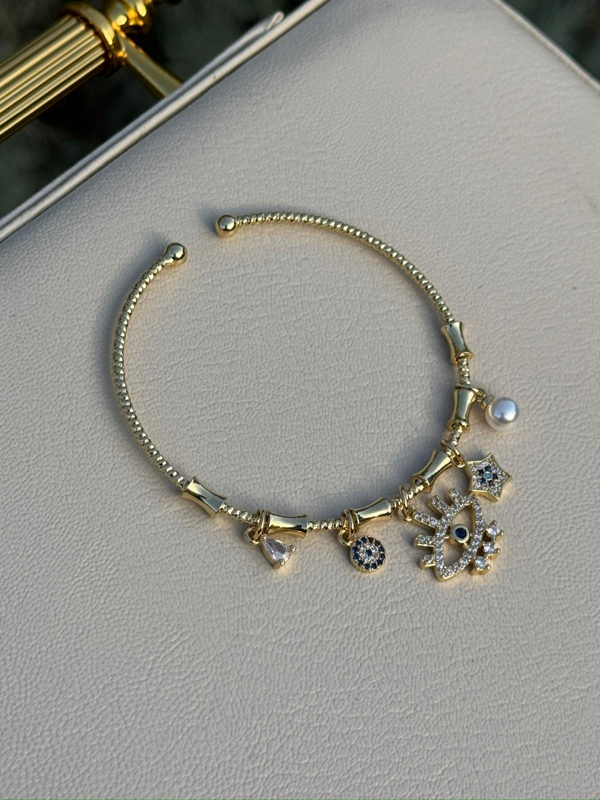 Nazar Gözlü Charm Gold Renk Ayarlanabilir Bileklik