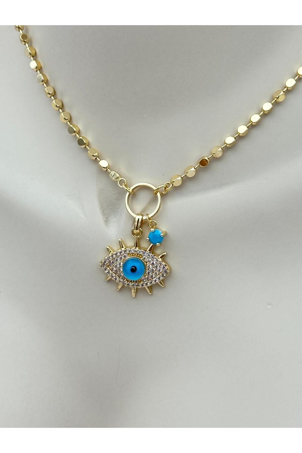 Turkuaz Nazar Göz Zirkon Taşlı 50+5 cm Ayarlanabilir Zincir Kolye