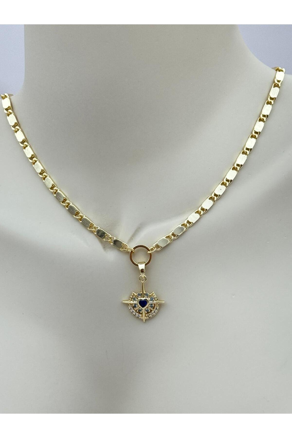 Mavi Kalp Taşlı Işıltılı Charm Detaylı 40+5 cm Ayarlanabilir Zincir Kolye