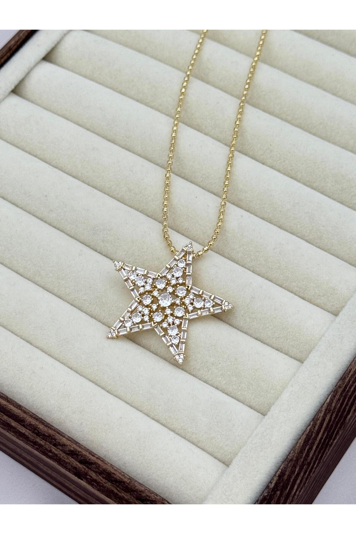 VIP Yoğun Taşlı Asansörlü 70 cm Gold Yıldız Kolye