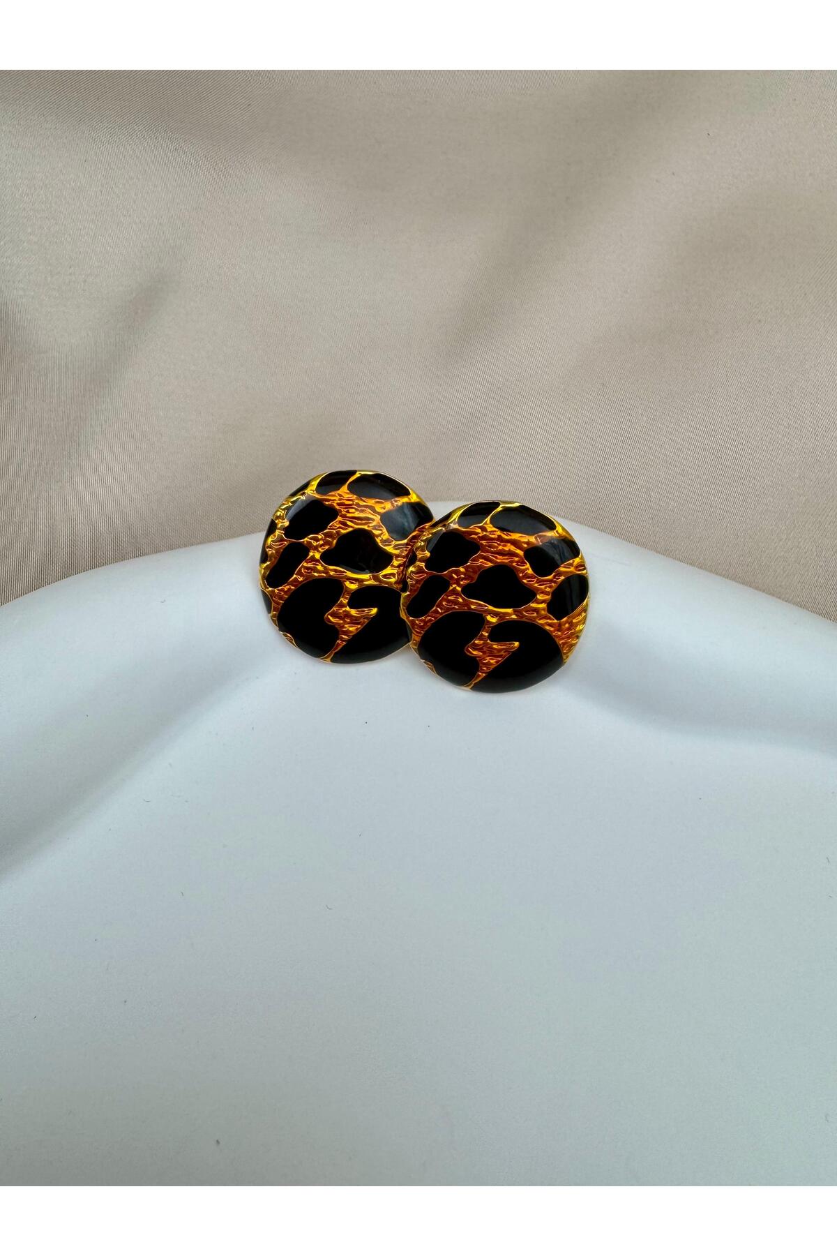 Gold Siyah Leopar Desenli Yuvarlak Küpe