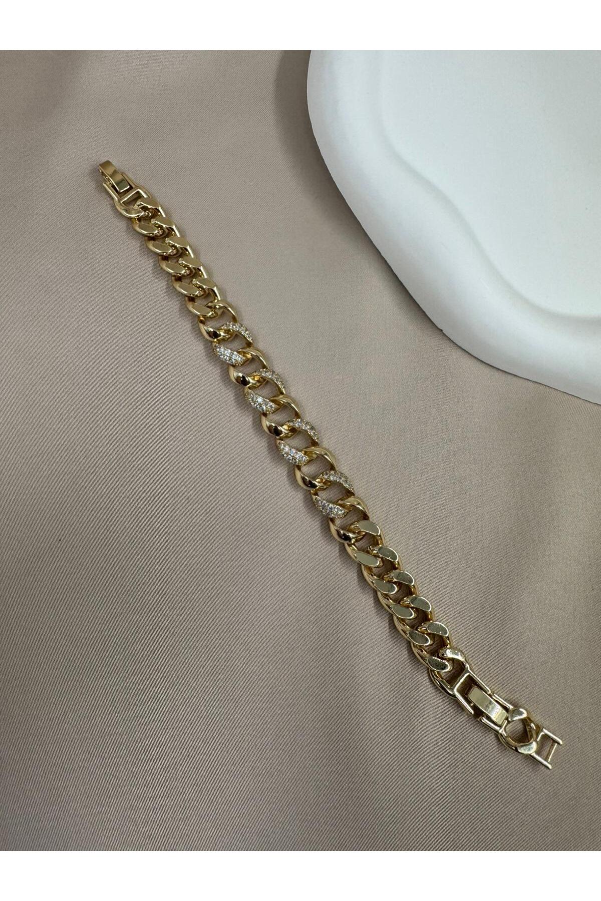 Zirkon Taşlı Gurmet Gold Renk 17+2CM Ayarlabilir Çelik Bileklik