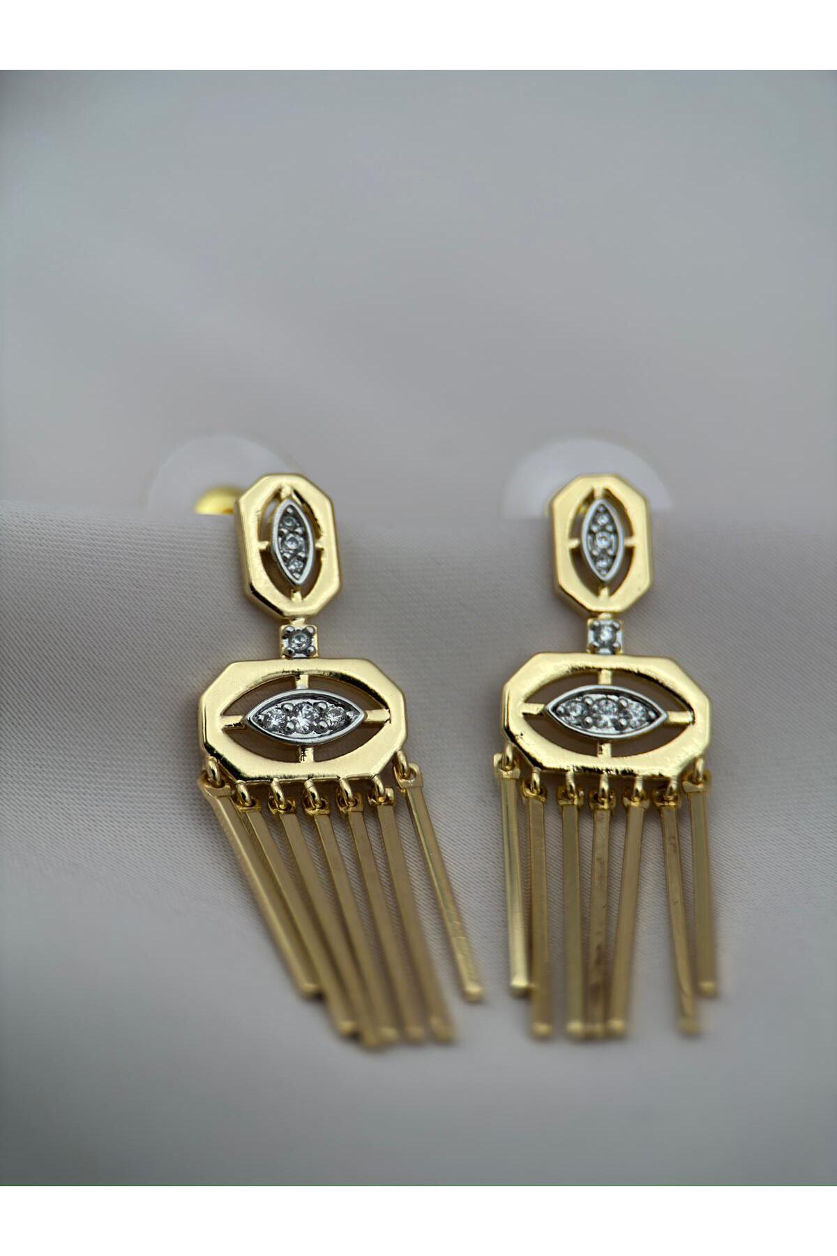 Gold Renk Geometrik Göz Formlu Zirkon Taşlı Sallantılı Premium Küpe