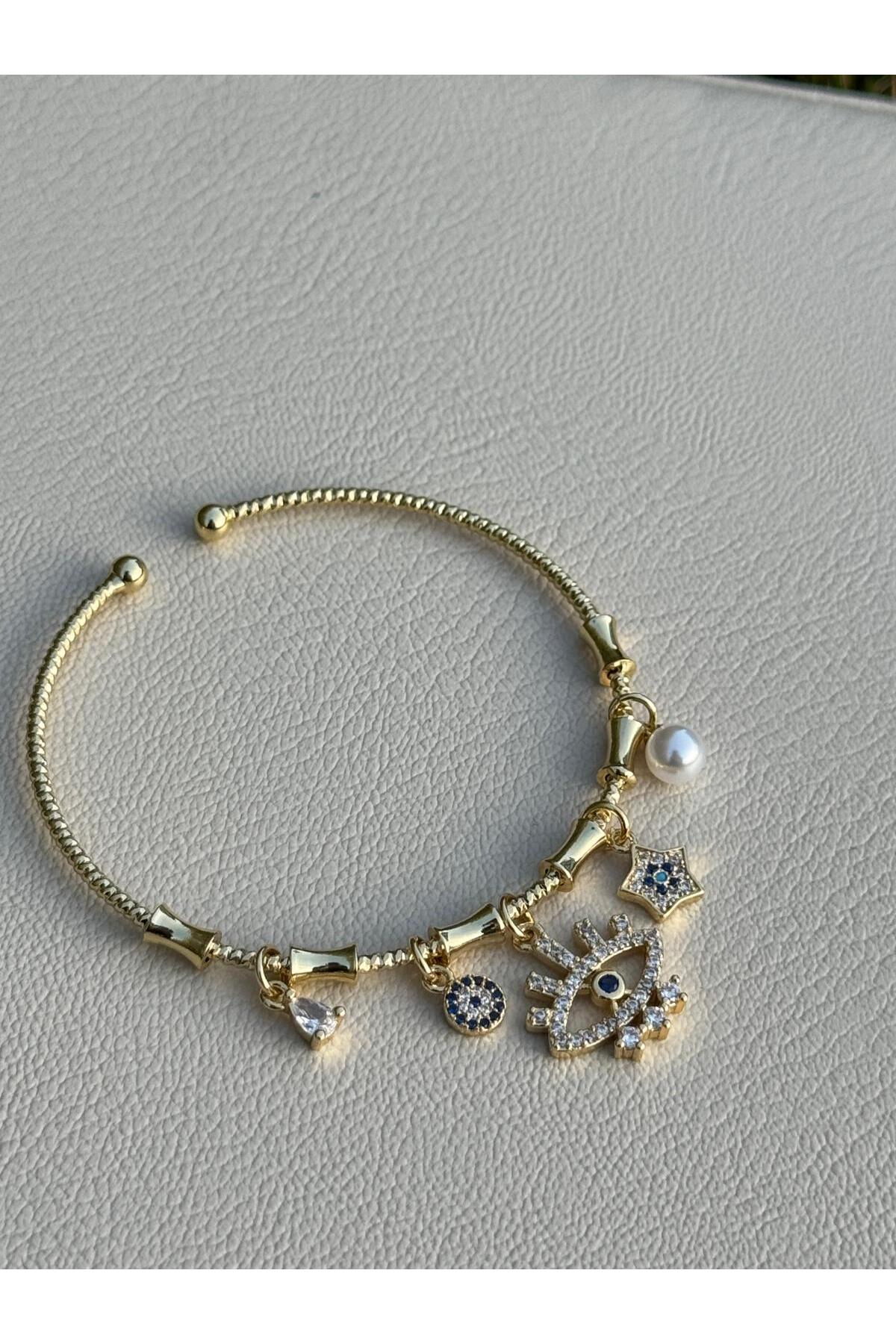 Nazar Göz Yıldız Charm Ayarlanabilir Bambu Desen Kelepçe Bileklik