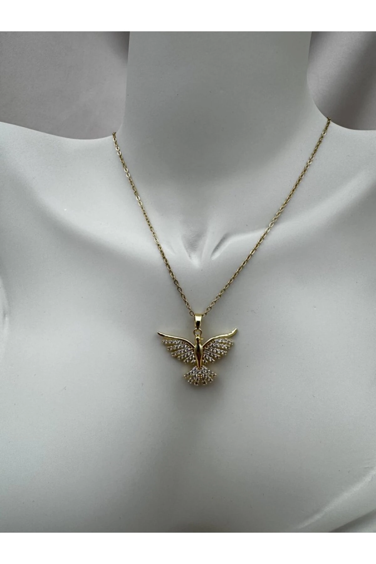 Anka Kuşu Figürlü Taşlı Gold Renk 40+5CM Ayarlanabilir Kolye - gold