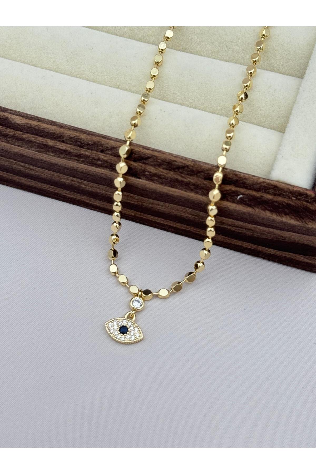 VIP Nazar Göz Figürlü Taşlı Gold Zincir 45+5 cm Ayarlanabilir Kadın Kolye