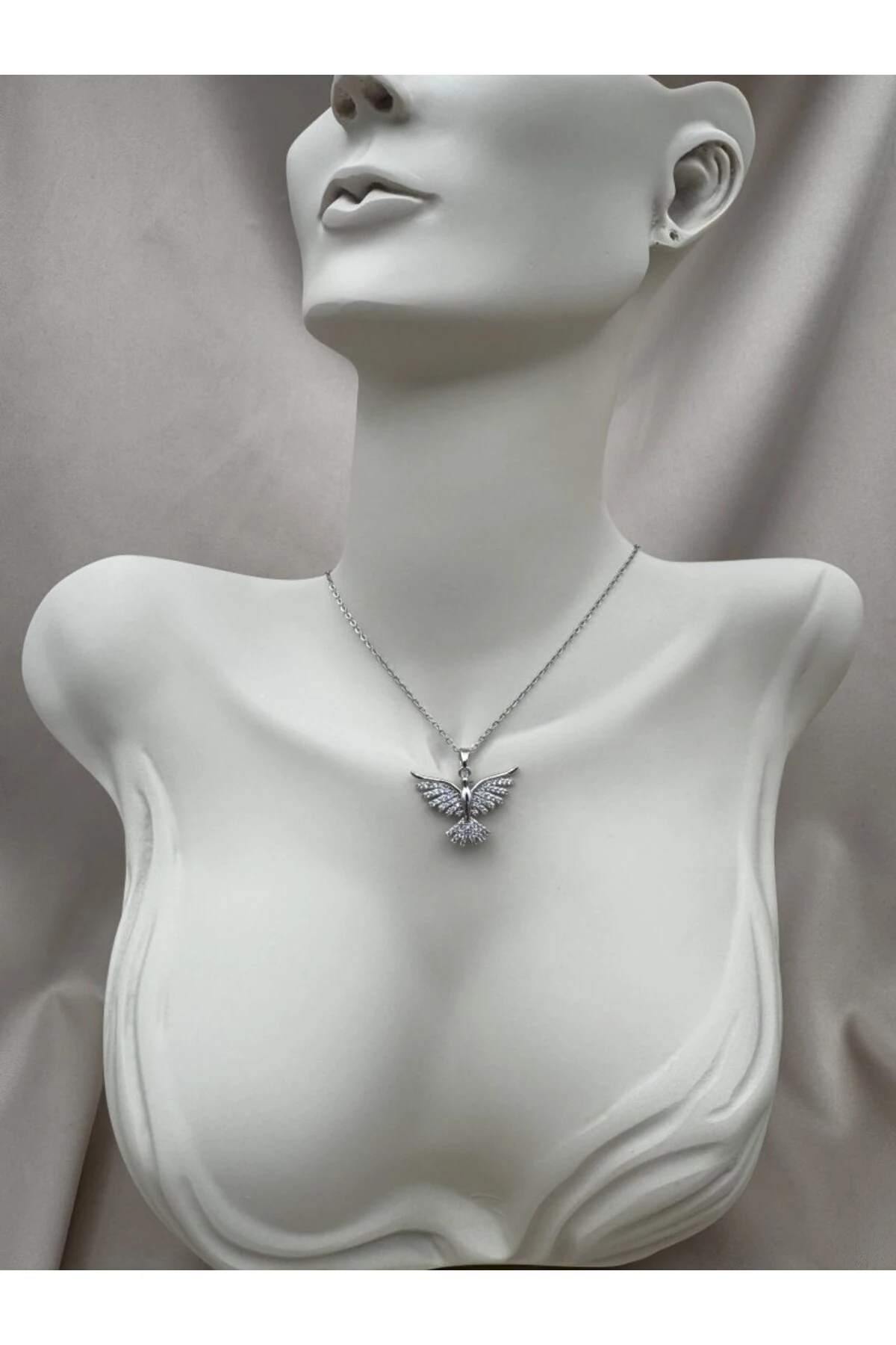 Anka Kuşu Figürlü Taşlı Gold Renk 40+5CM Ayarlanabilir Kolye - gümüş