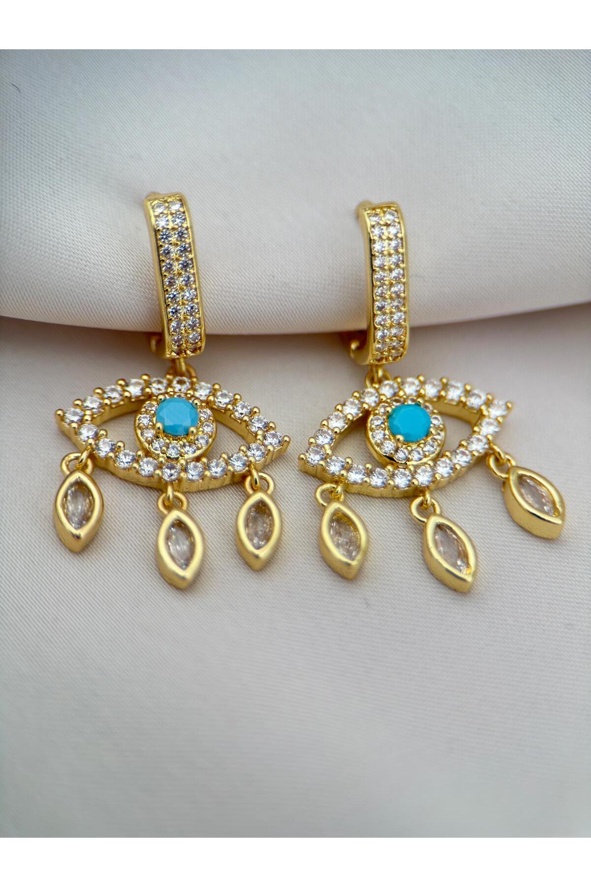 Gold Renk Turkuaz Taşlı Nazar Göz Sallantılı Zirkon Taşlı Halka Küpe