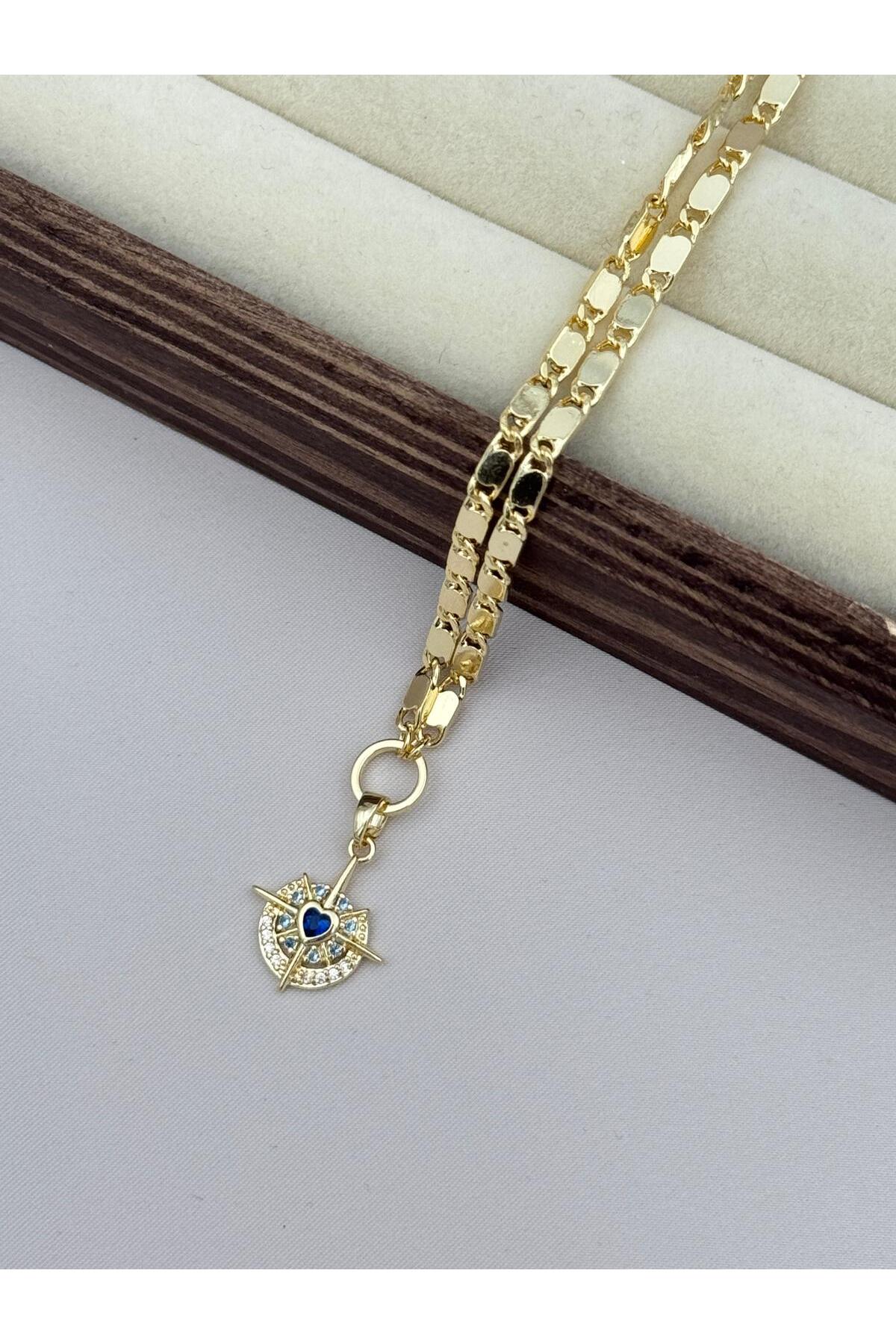 Mavi Kalp Taşlı Işıltılı Charm Detaylı 40+5 cm Ayarlanabilir Zincir Kolye