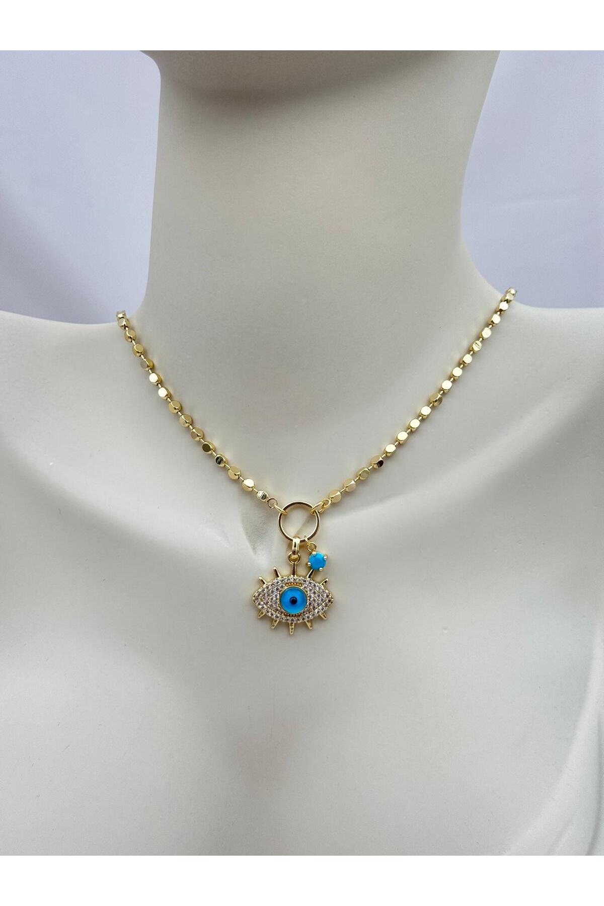 Turkuaz Nazar Göz Zirkon Taşlı 50+5 cm Ayarlanabilir Zincir Kolye