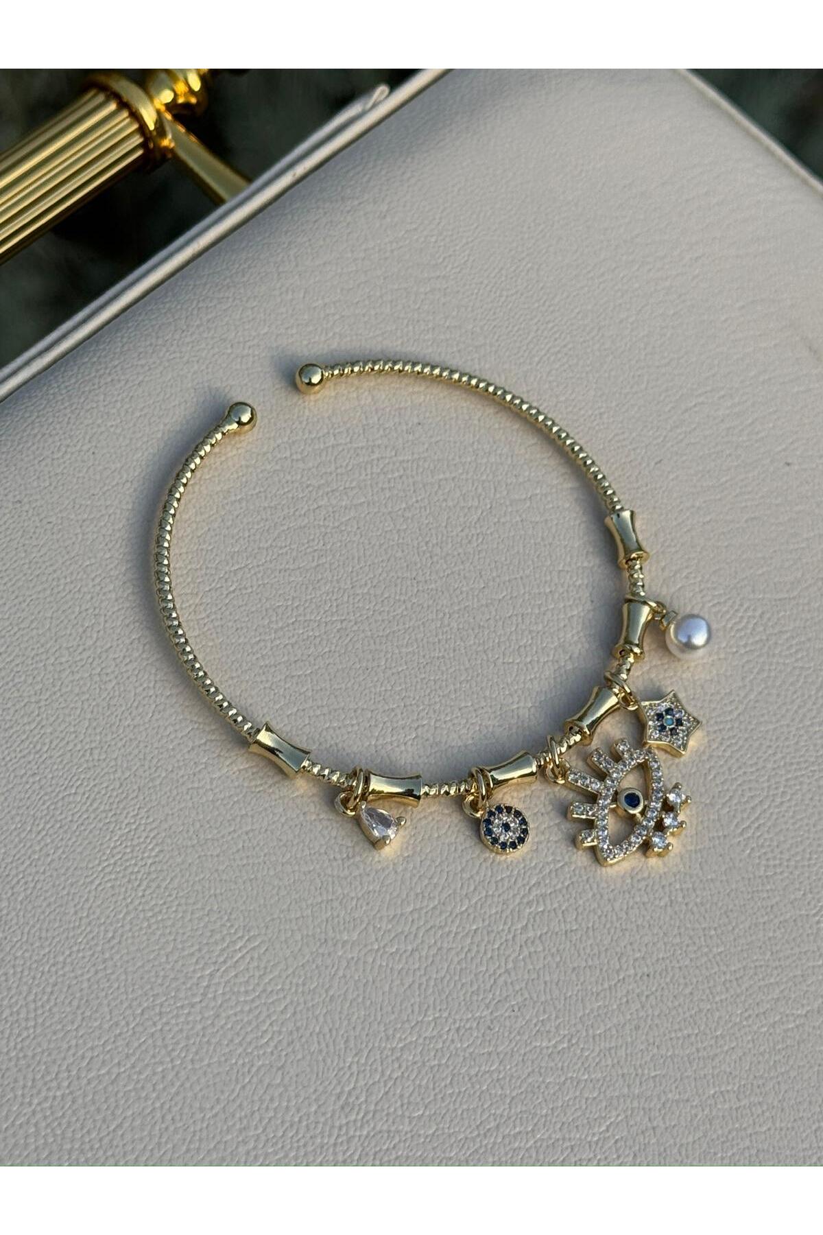 Nazar Göz Yıldız Charm Ayarlanabilir Bambu Desen Kelepçe Bileklik