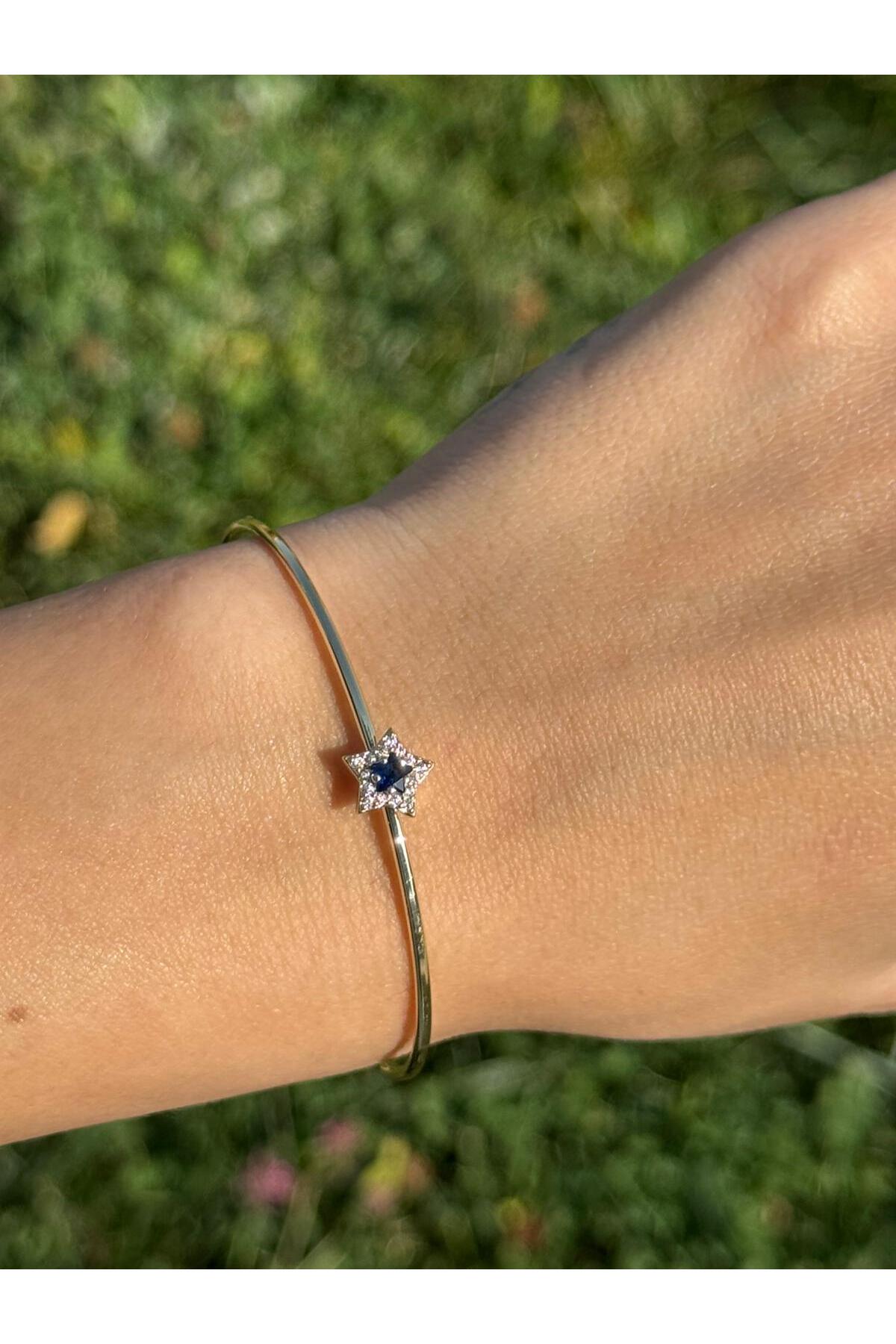 Lacivert Taşlı Yıldız Figürlü Ayarlanabilir Gold Bileklik