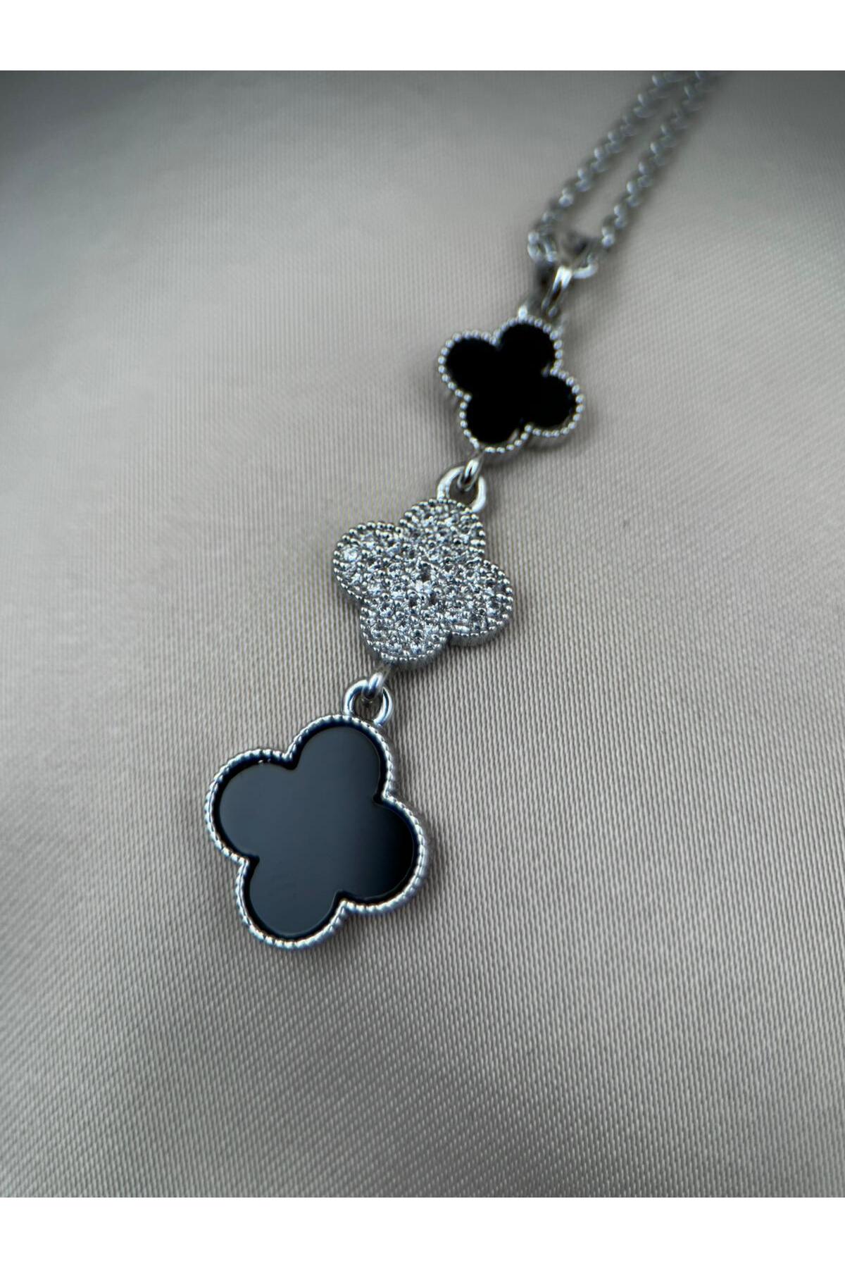 Gold Siyah Renk Yonca ve Taş Detaylı 40+5CM Kararmaz Çelik Kolye - gümüş