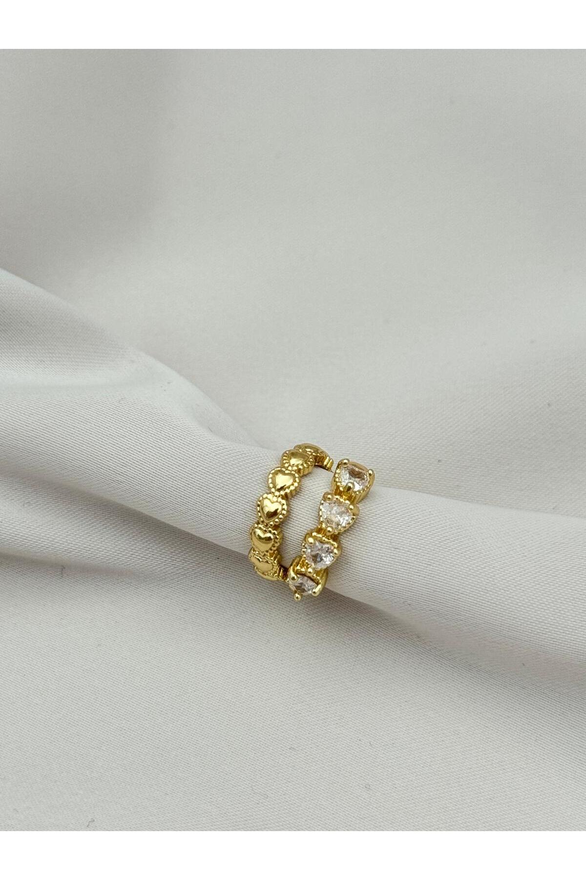 Gold Renk Kalp Form Zirkon Taşlı Kabartmalı Ayarlanabilir Earcuff