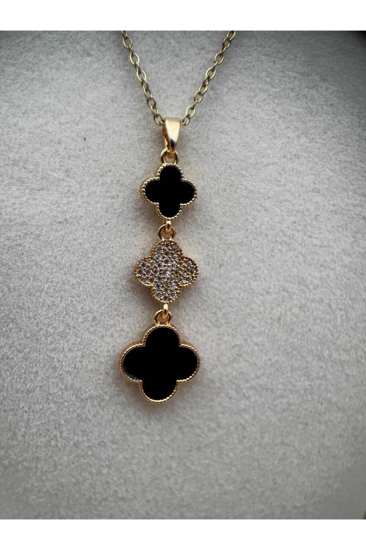 Gold Siyah Renk Yonca ve Taş Detaylı 40+5CM Kararmaz Çelik Kolye