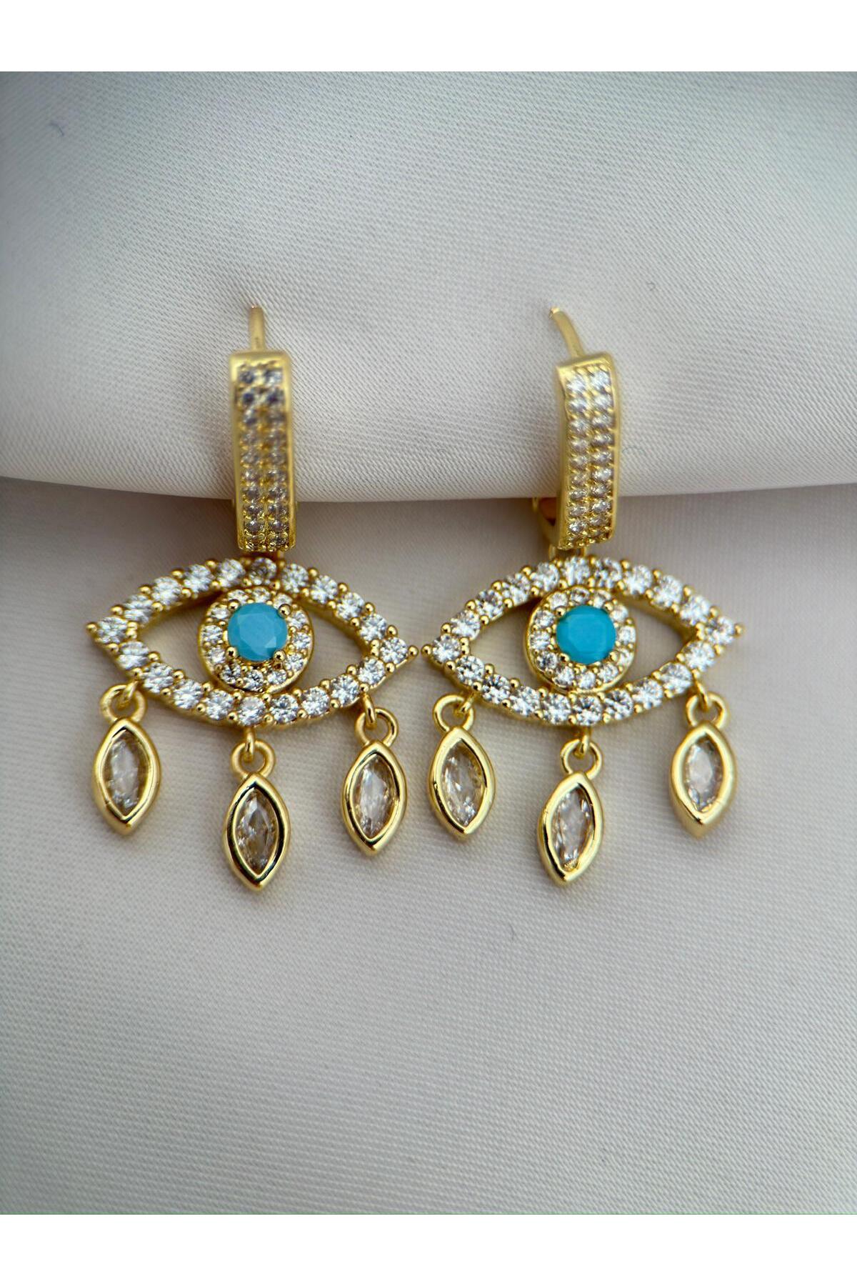 Gold Renk Turkuaz Taşlı Nazar Göz Sallantılı Zirkon Taşlı Halka Küpe