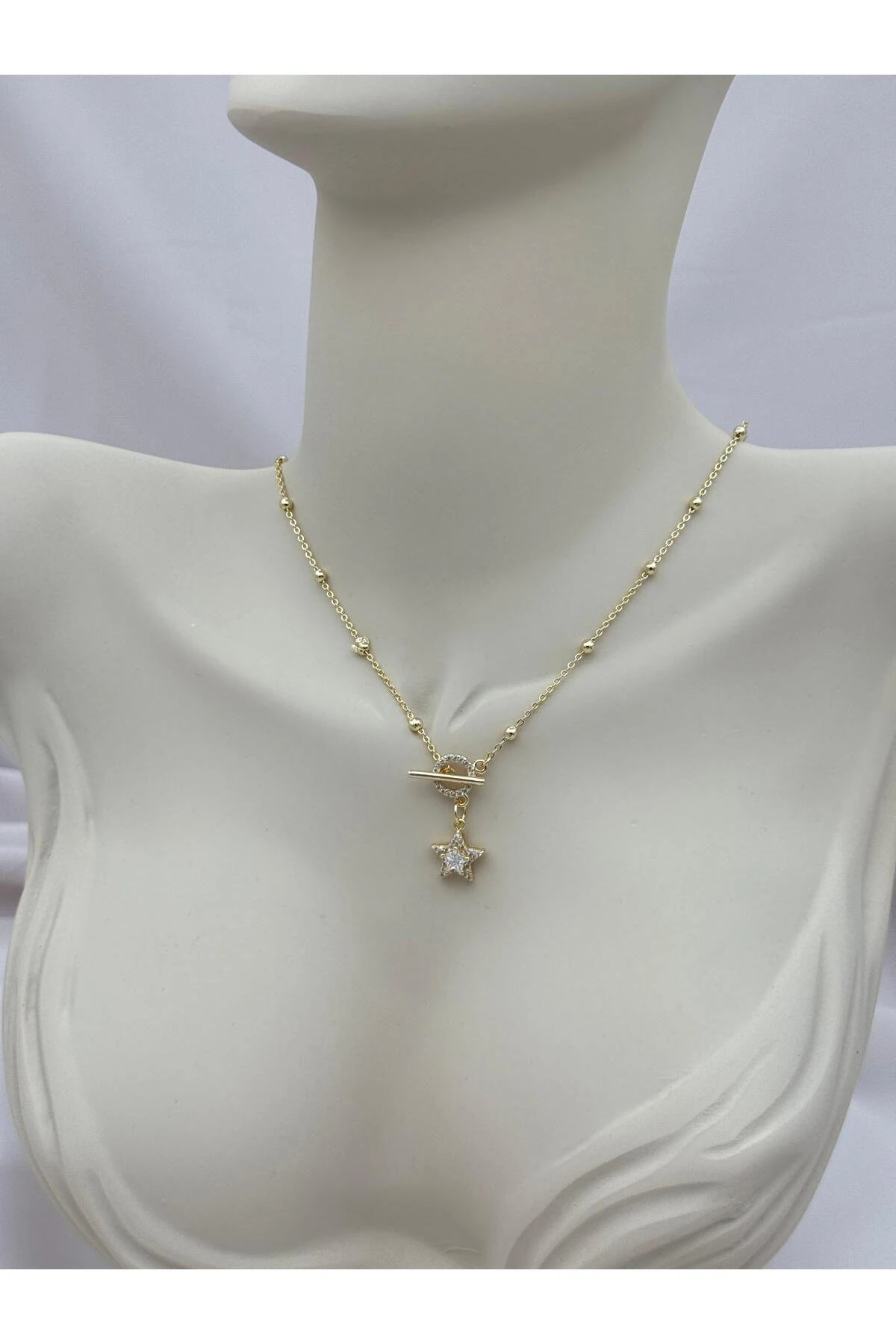 VIP Önden Tokalı Zirkon Taş Detaylı Yıldız 45 cm Kolye