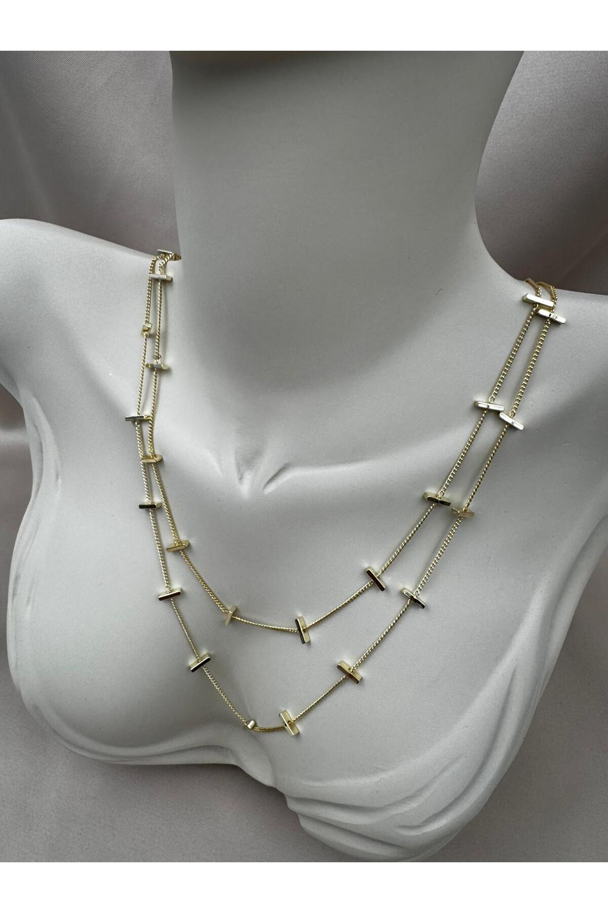 Çok Katlı Dikdörtgen Detaylı Ayarlanabilir Gold Zincir Kolye