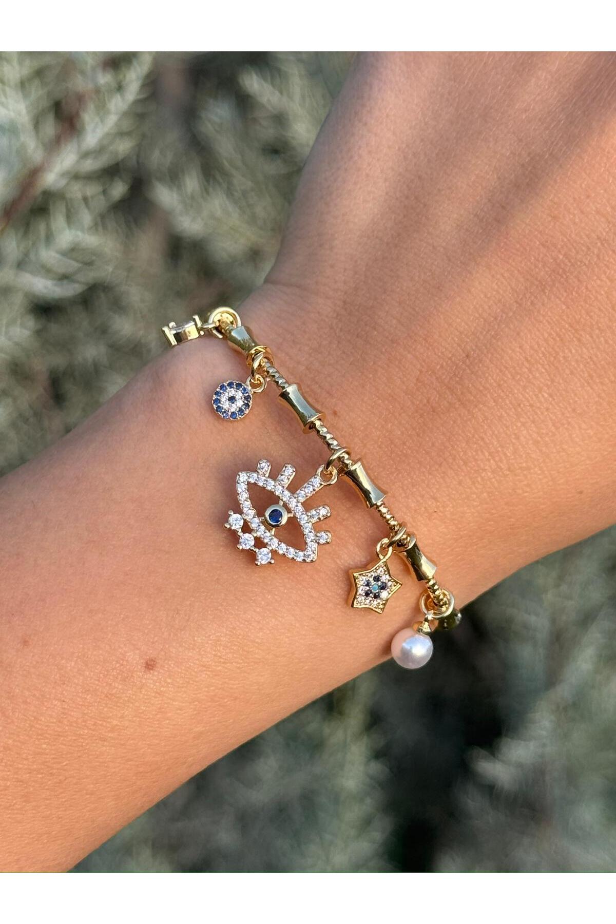 Nazar Göz Yıldız Charm Ayarlanabilir Bambu Desen Kelepçe Bileklik