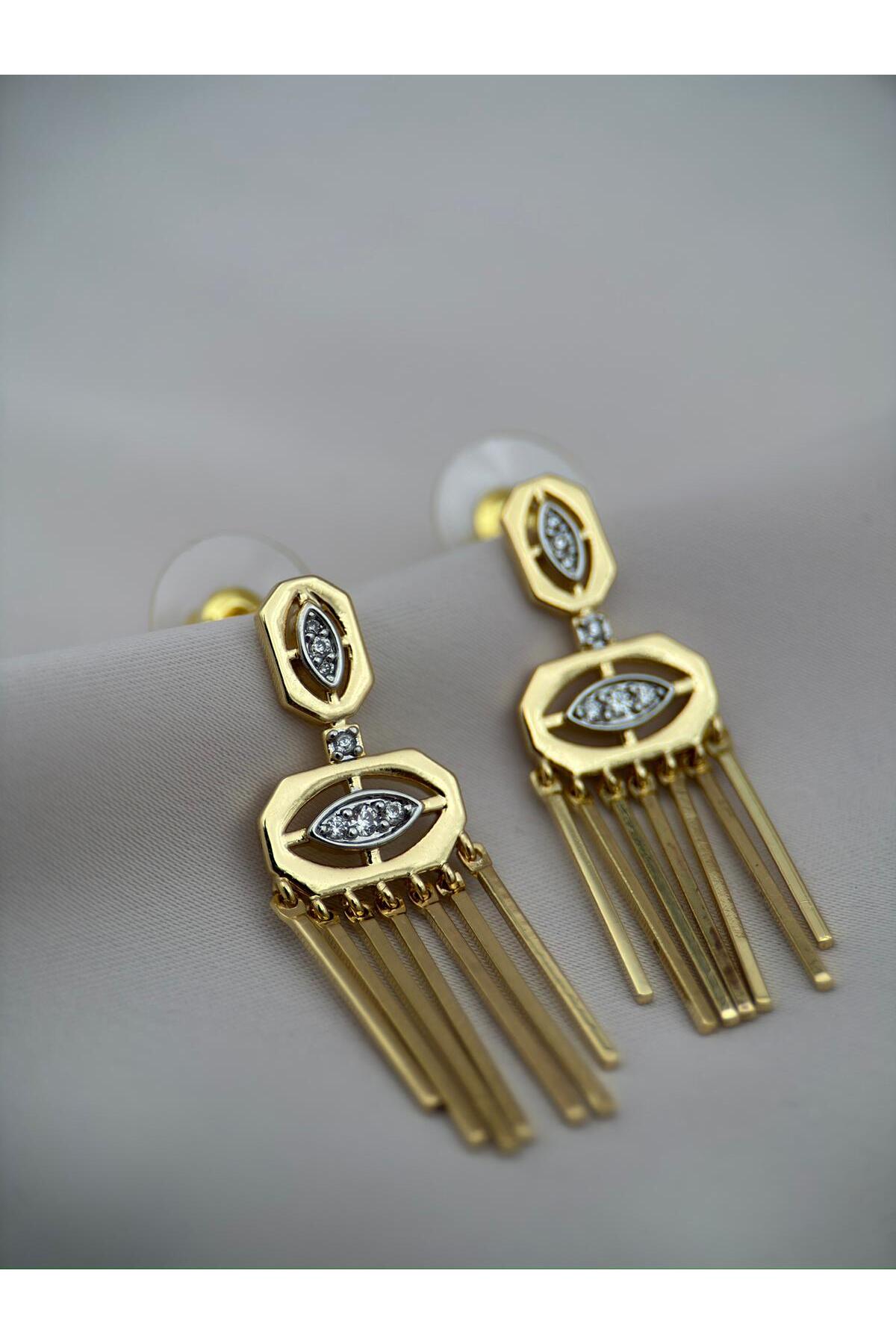 Gold Renk Geometrik Göz Formlu Zirkon Taşlı Sallantılı Premium Küpe