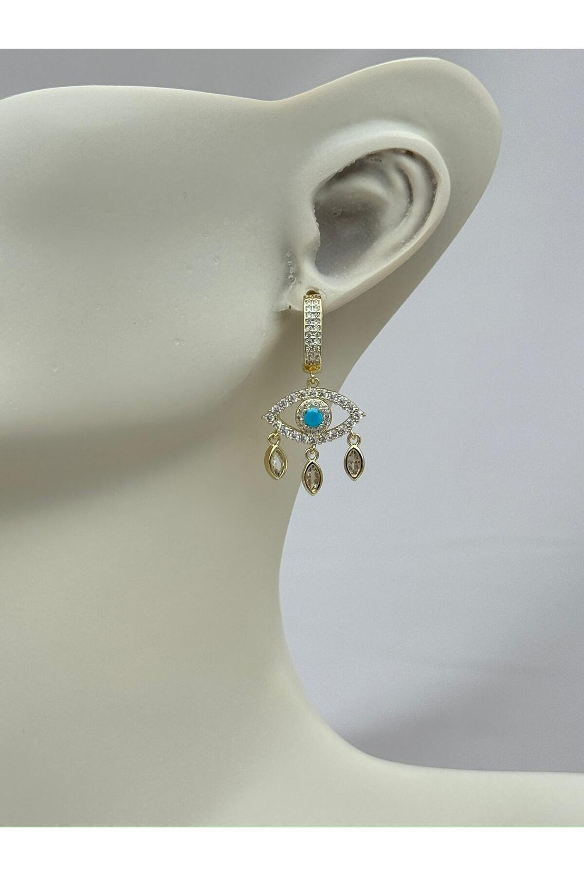 Gold Renk Turkuaz Taşlı Nazar Göz Sallantılı Zirkon Taşlı Halka Küpe