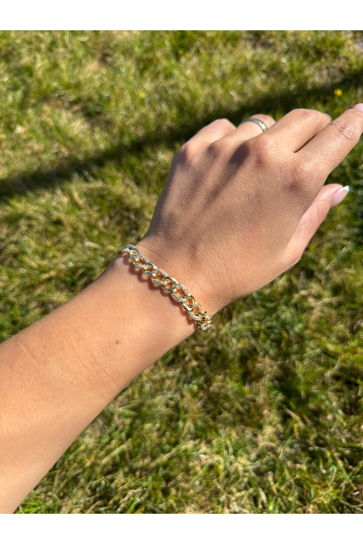 Kadın Taş Detaylı Kalın Zincir 17+2CM Ayarlanabilir Gold Bileklik
