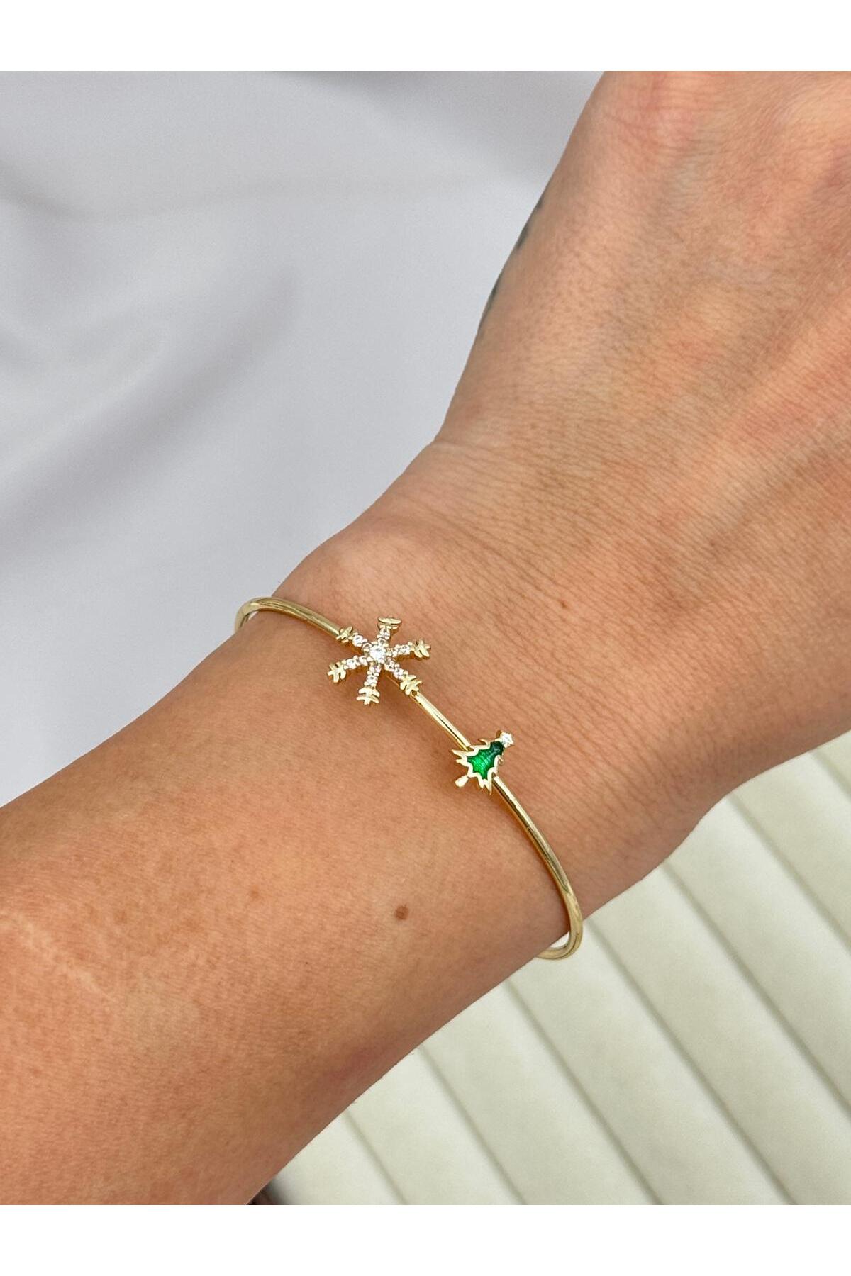 VIP Kar Tanesi ve Yılbaşı Ağacı Figürlü Ayarlanabilir Gold Bileklik
