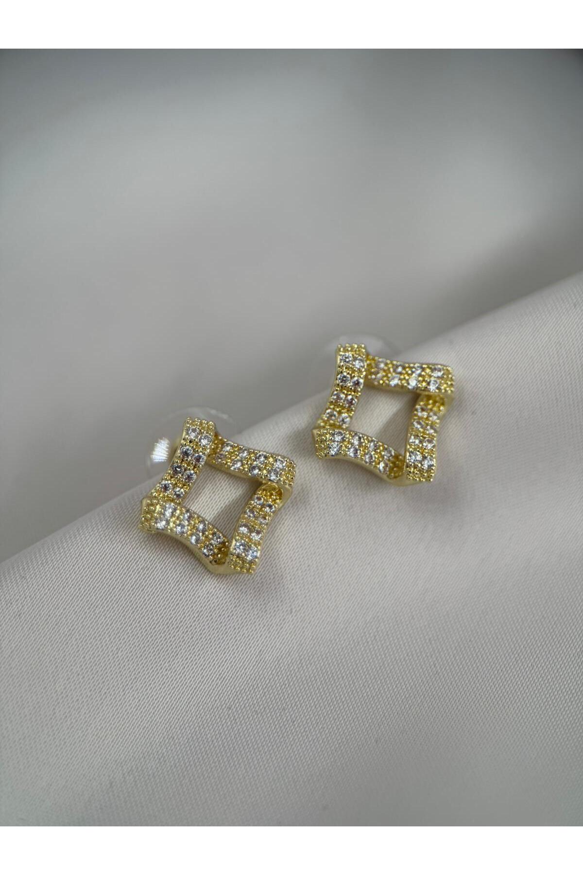 VIP Kare Form Gold Renk Zirkon Taşlı Çelik Küpe