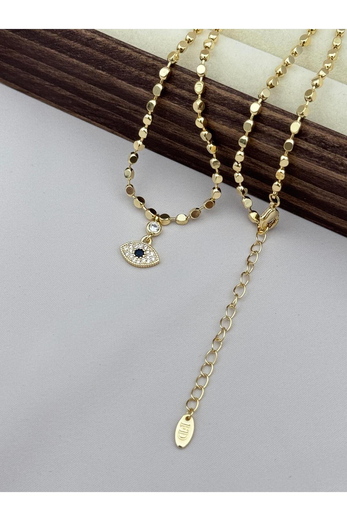 VIP Nazar Göz Figürlü Taşlı Gold Zincir 45+5 cm Ayarlanabilir Kadın Kolye