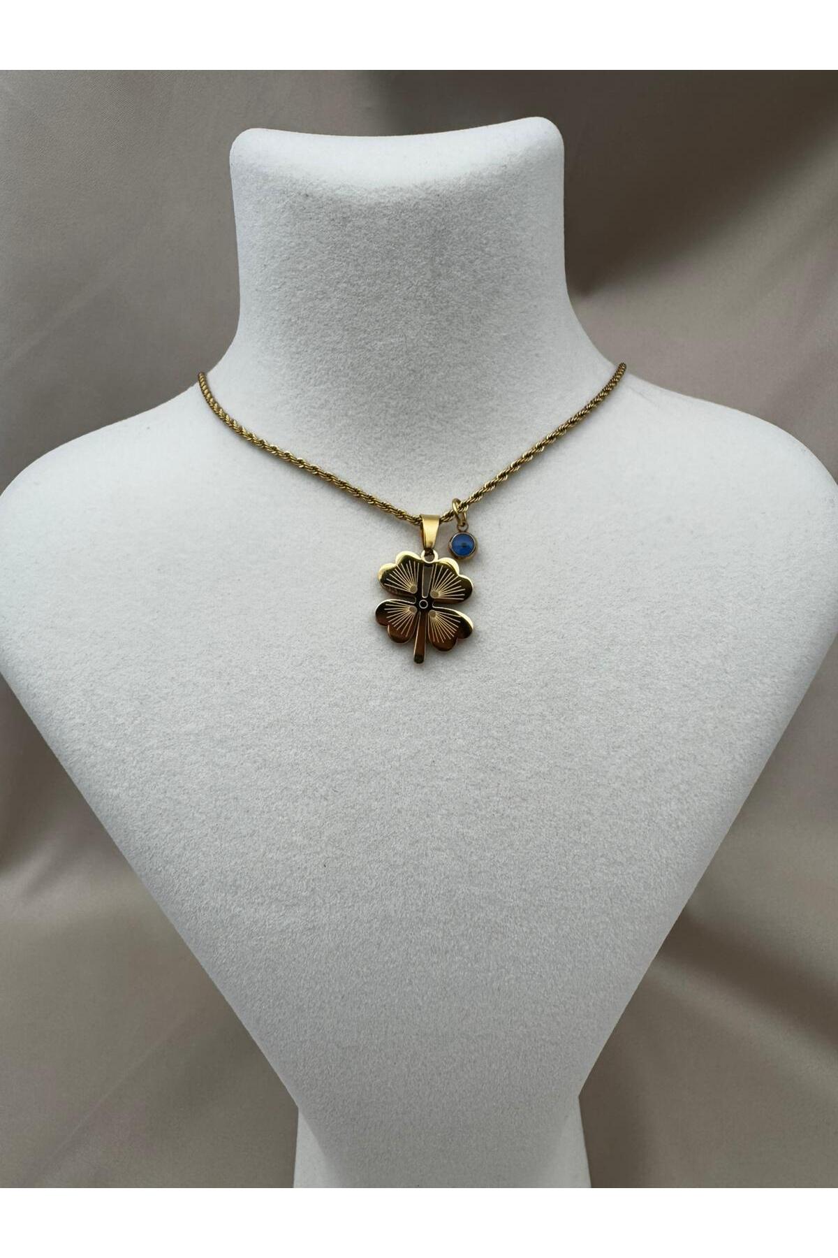 Gold Renk Dört Yapraklı Yonca ve Nazar Boncuklu 39+5CM Kararmaz Çelik Kolye