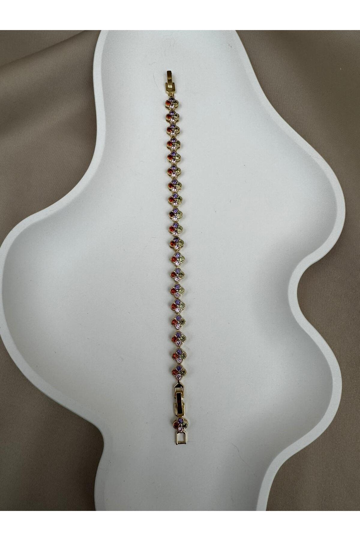 Gold Color Multicolored Zircon Stone Flower Shaped 17+2CM Adjustable Bracelet