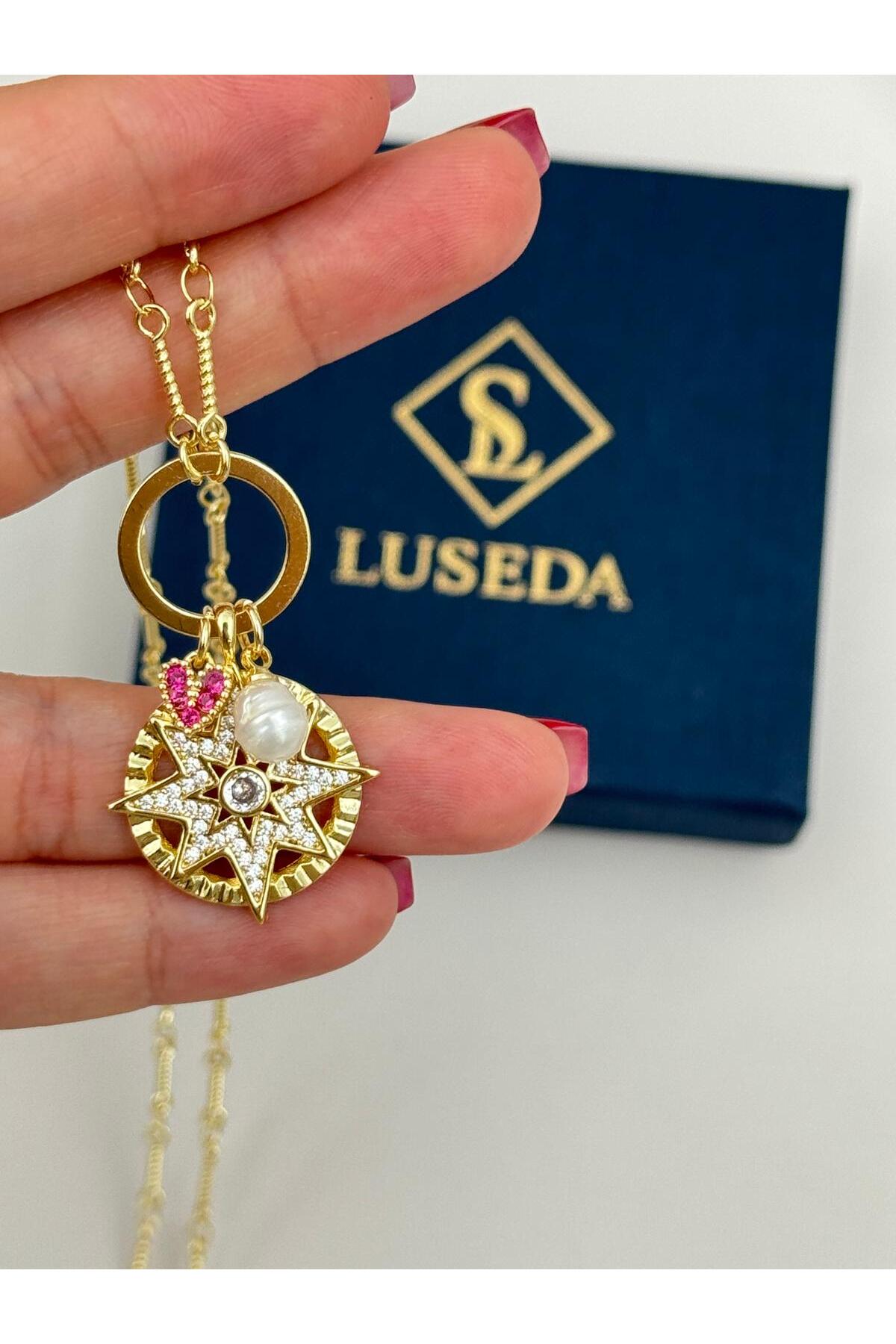 VIP Kalp ve İnci Detaylı Charmlı Kutup Yıldızı 70+5 cm Ayarlanabilir Kolye