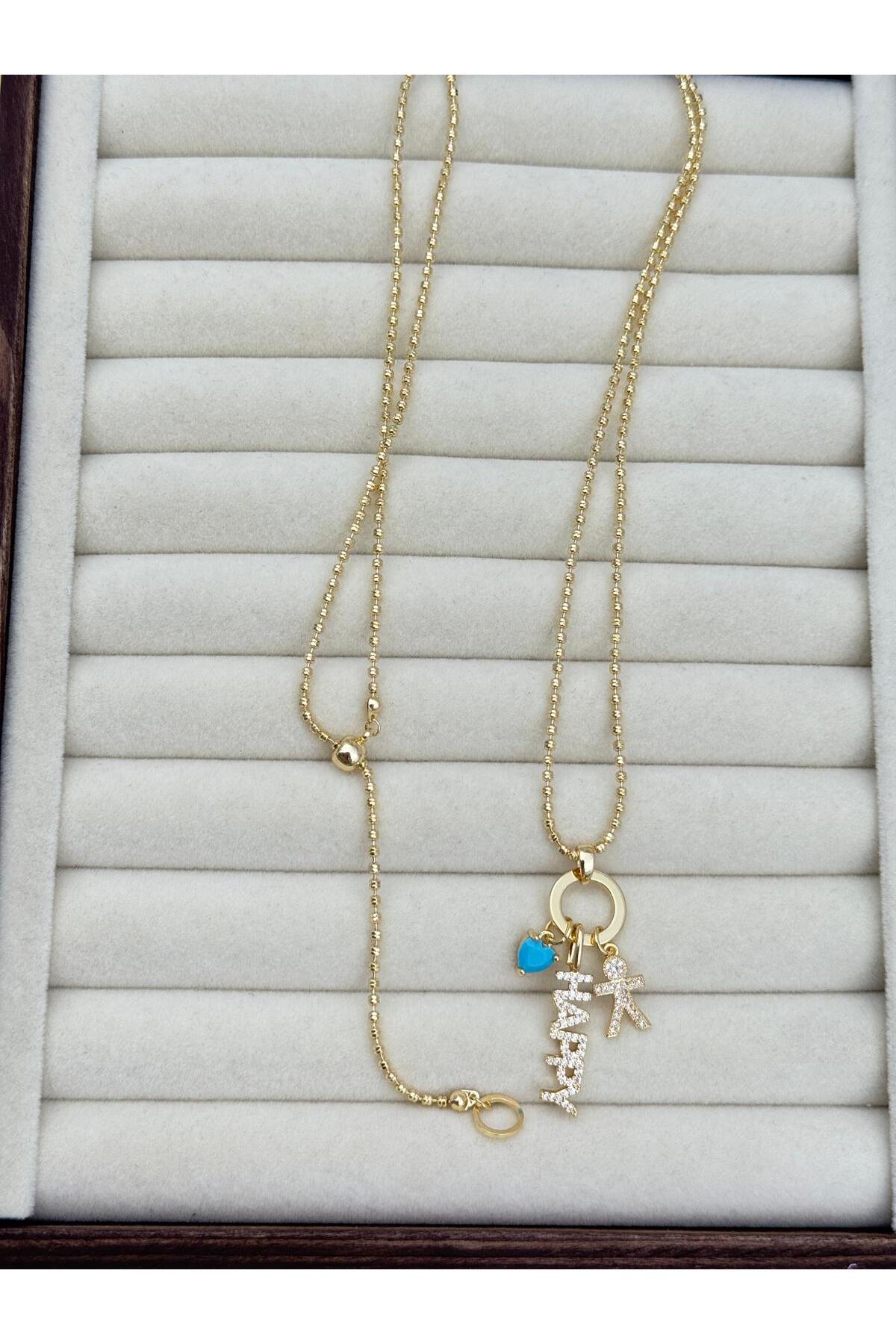 VIP “HAPPY” Yazılı ve Kalp Detaylı Charmlı 70 cm Ayarlanabilir Asansörlü Kolye