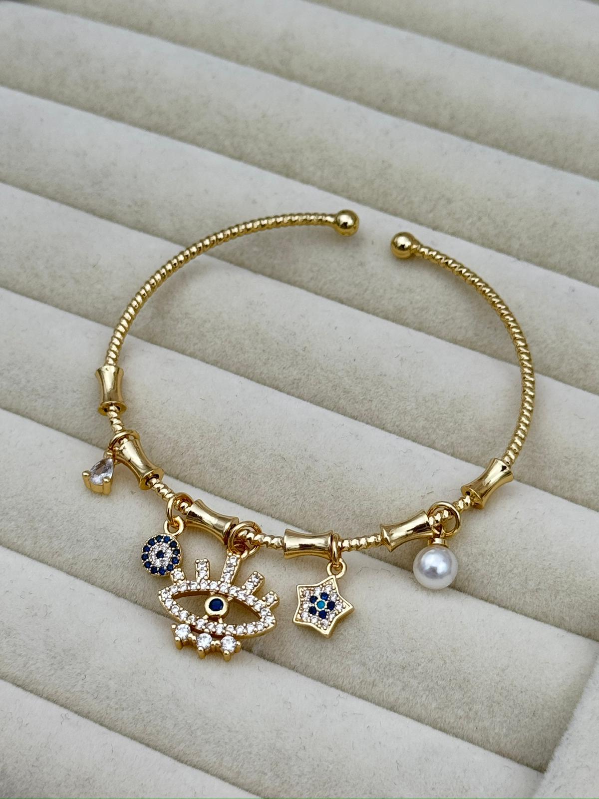 Nazar Gözlü Charm Gold Renk Ayarlanabilir Bileklik