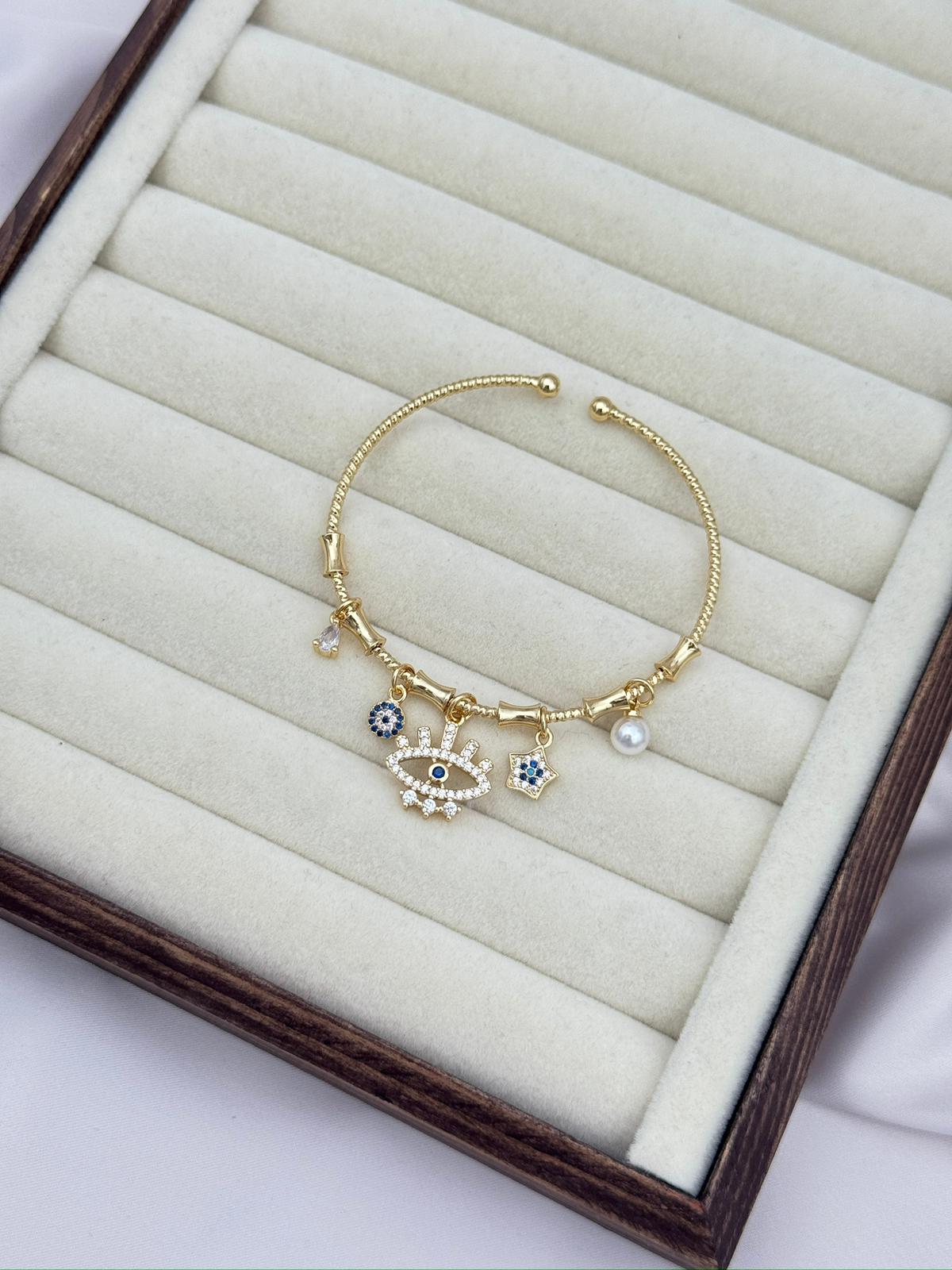 Nazar Gözlü Charm Gold Renk Ayarlanabilir Bileklik