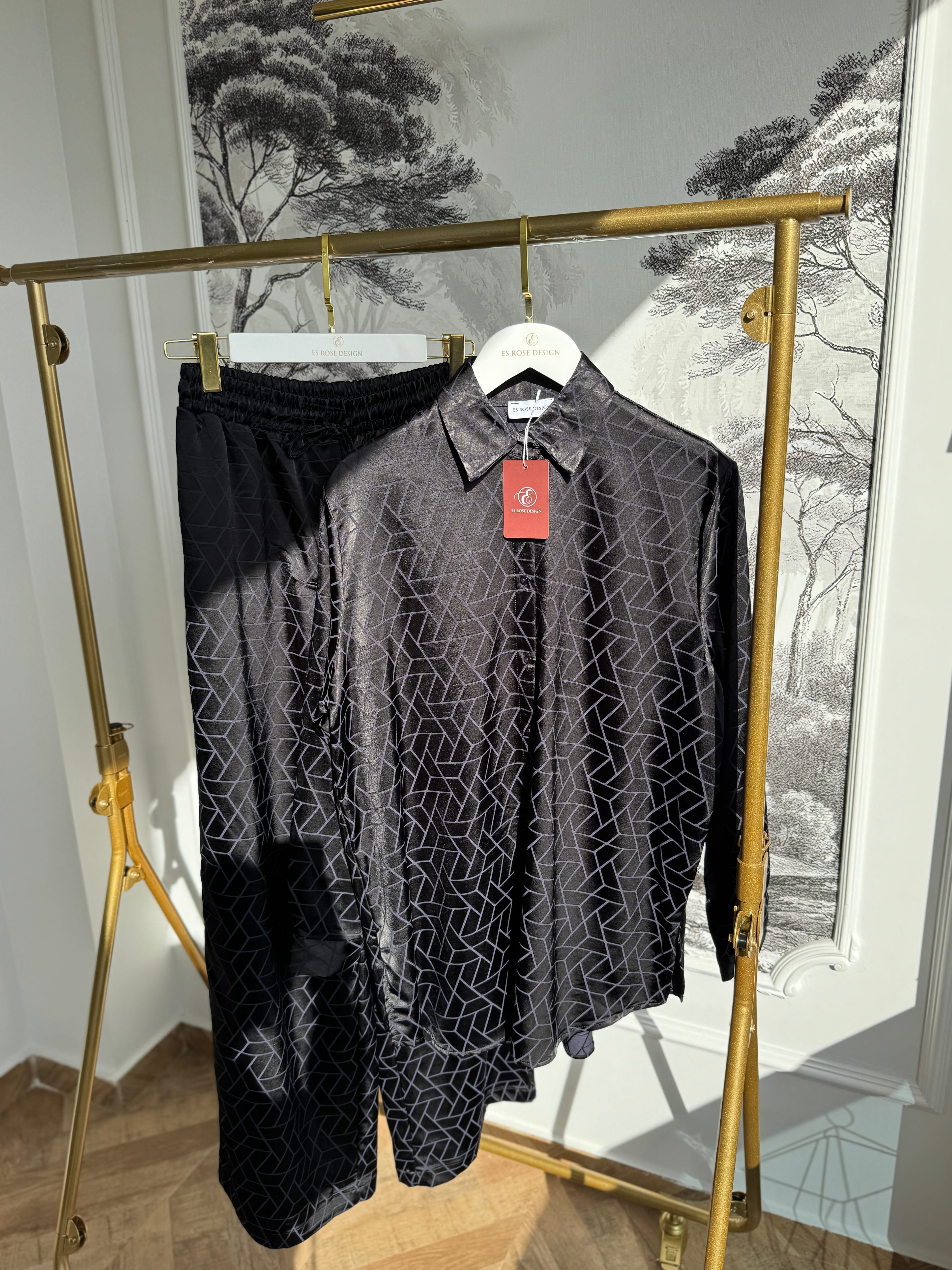 %100 VİSKON GEOMETRİK TAKIM SİYAH