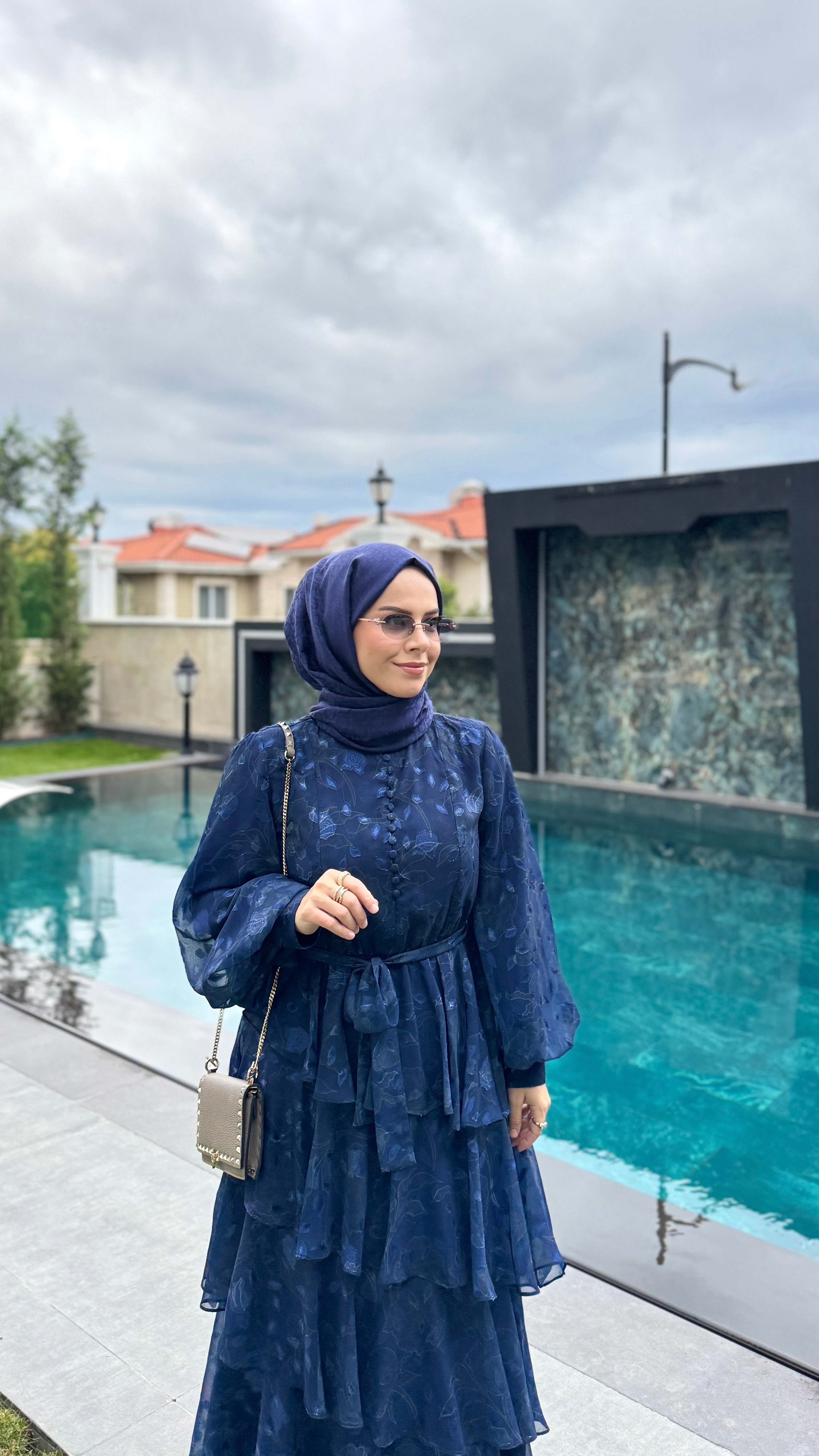 ROSE MARİN İPEK ŞİFON DRESS LACİVERT