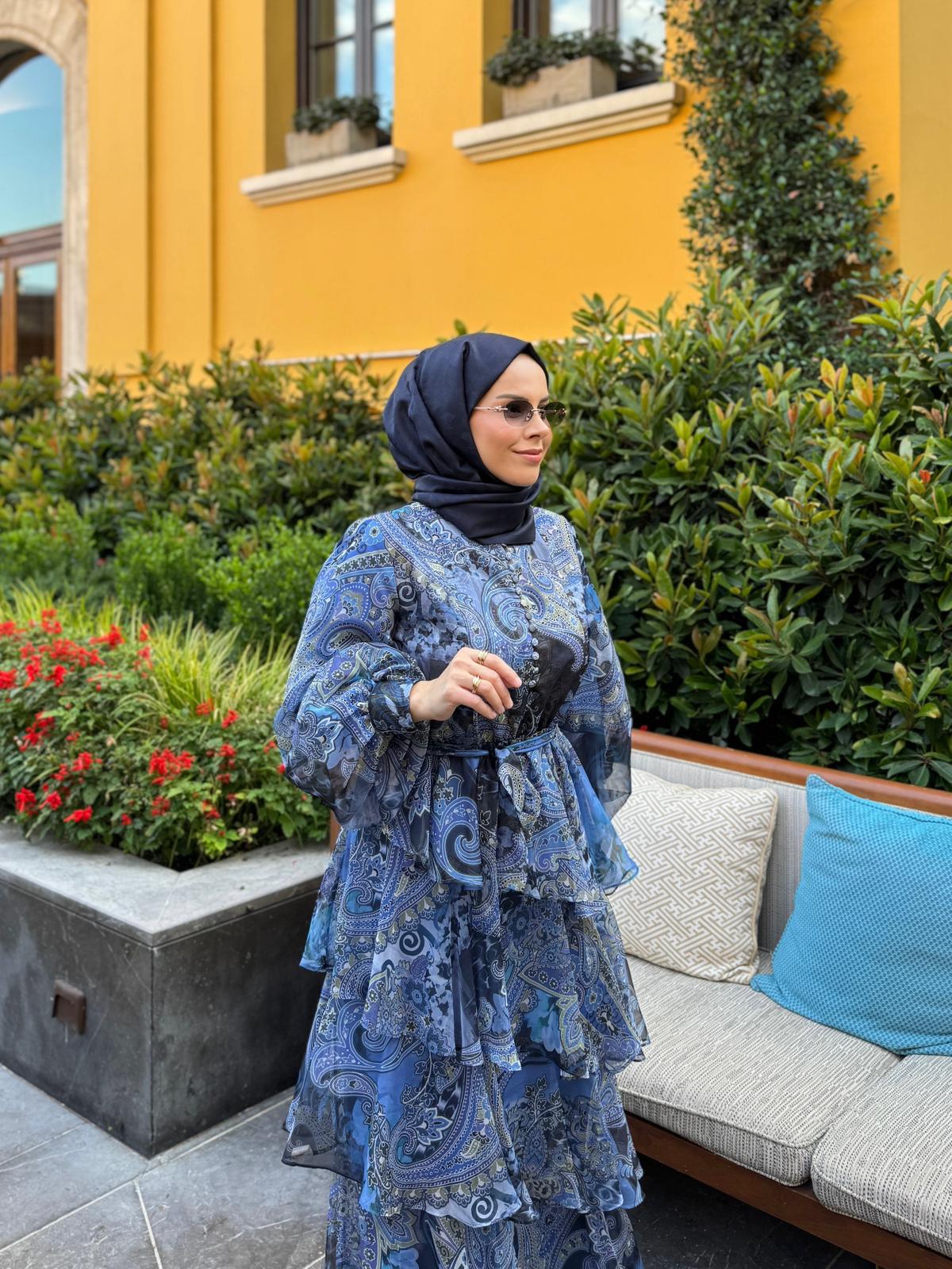 ROSE MARİN İPEK ŞİFON DRESS LACİVERT ETRO DESEN